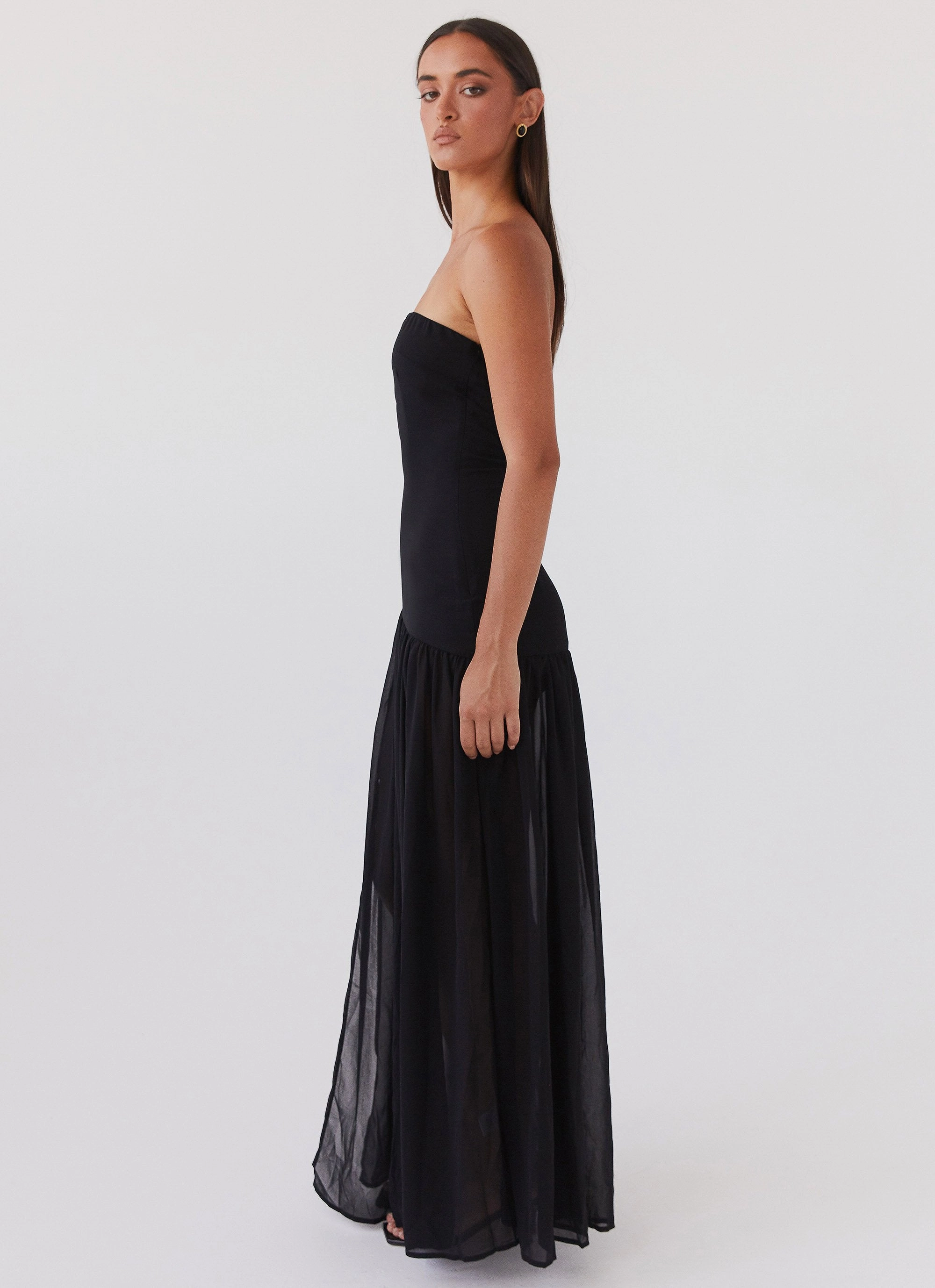 Eden Strapless Maxi Dress - Black Cold-Shoulder Button Accent