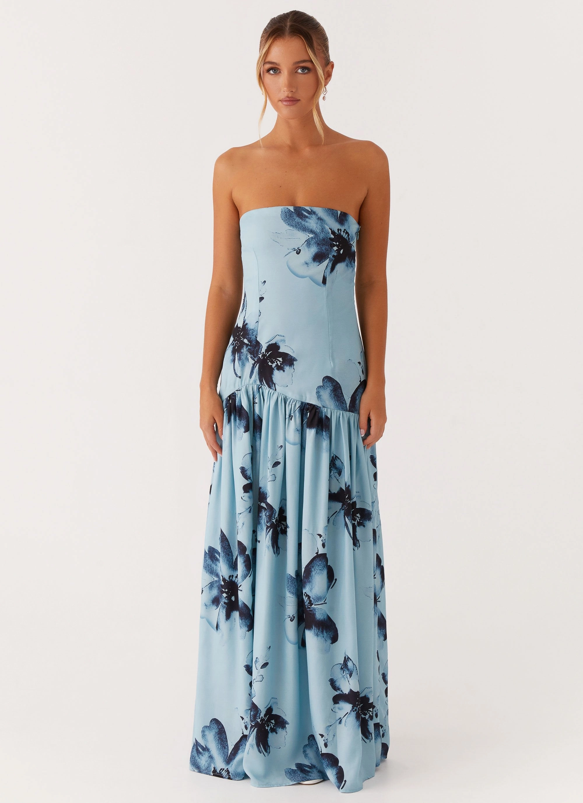 Eden Strapless Maxi Dress - Blue Black Floral Light Base Timeless and Comfortable