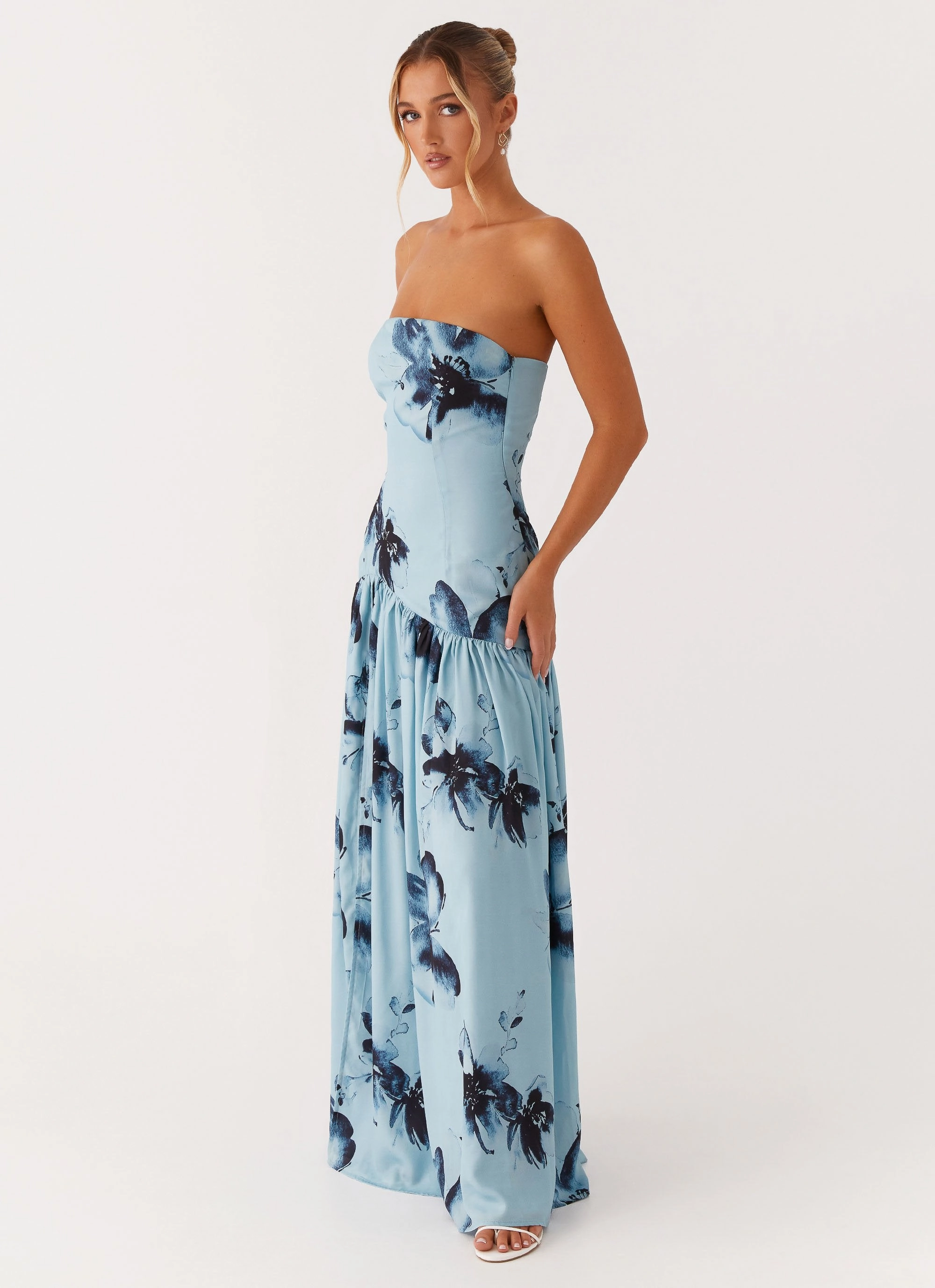 Eden Strapless Maxi Dress - Blue Black Floral Day-To-Night Wear Casual Look