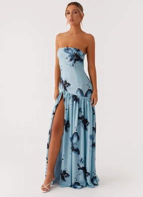 Eden Strapless Maxi Dress - Blue Black Floral Perfect Style Wear Travel Light