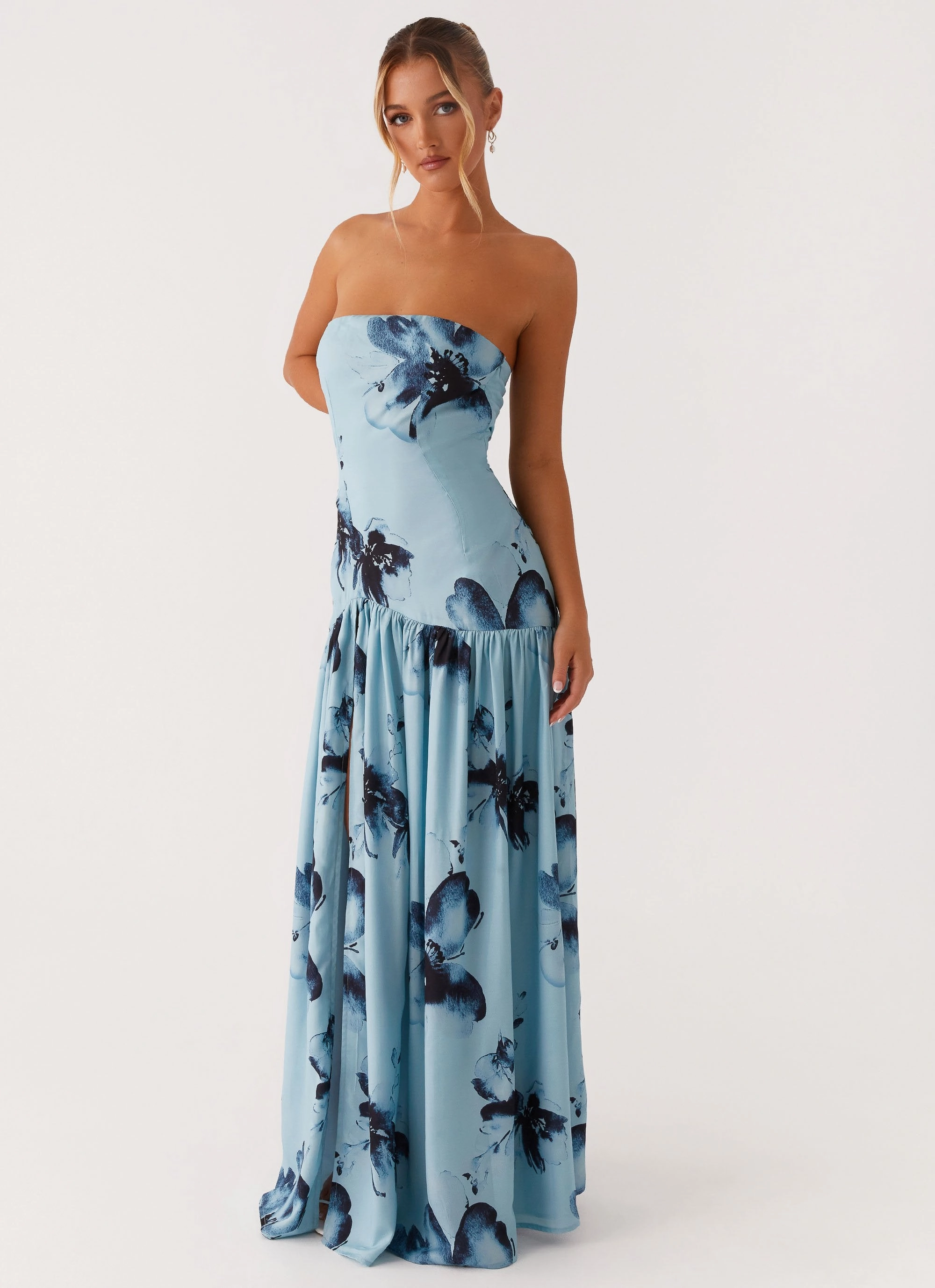 Eden Strapless Maxi Dress - Blue Black Floral Comfortable Waist