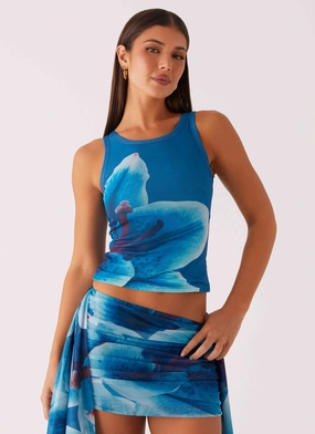 Edera Tank - Turquoise Floral GarmentWashed Texture