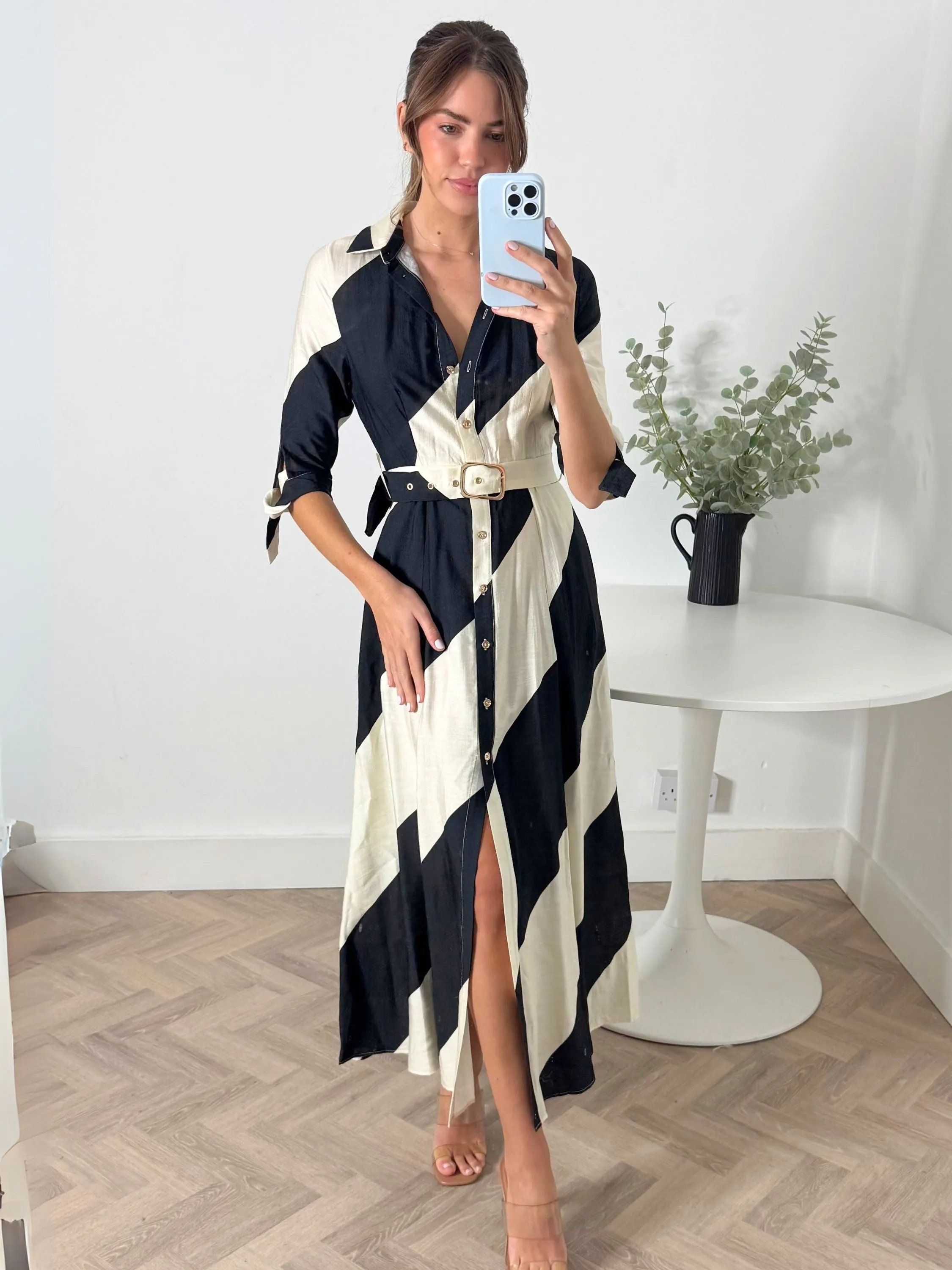Light Volume Daphne Belted Shirt Dress / Mono Stripe