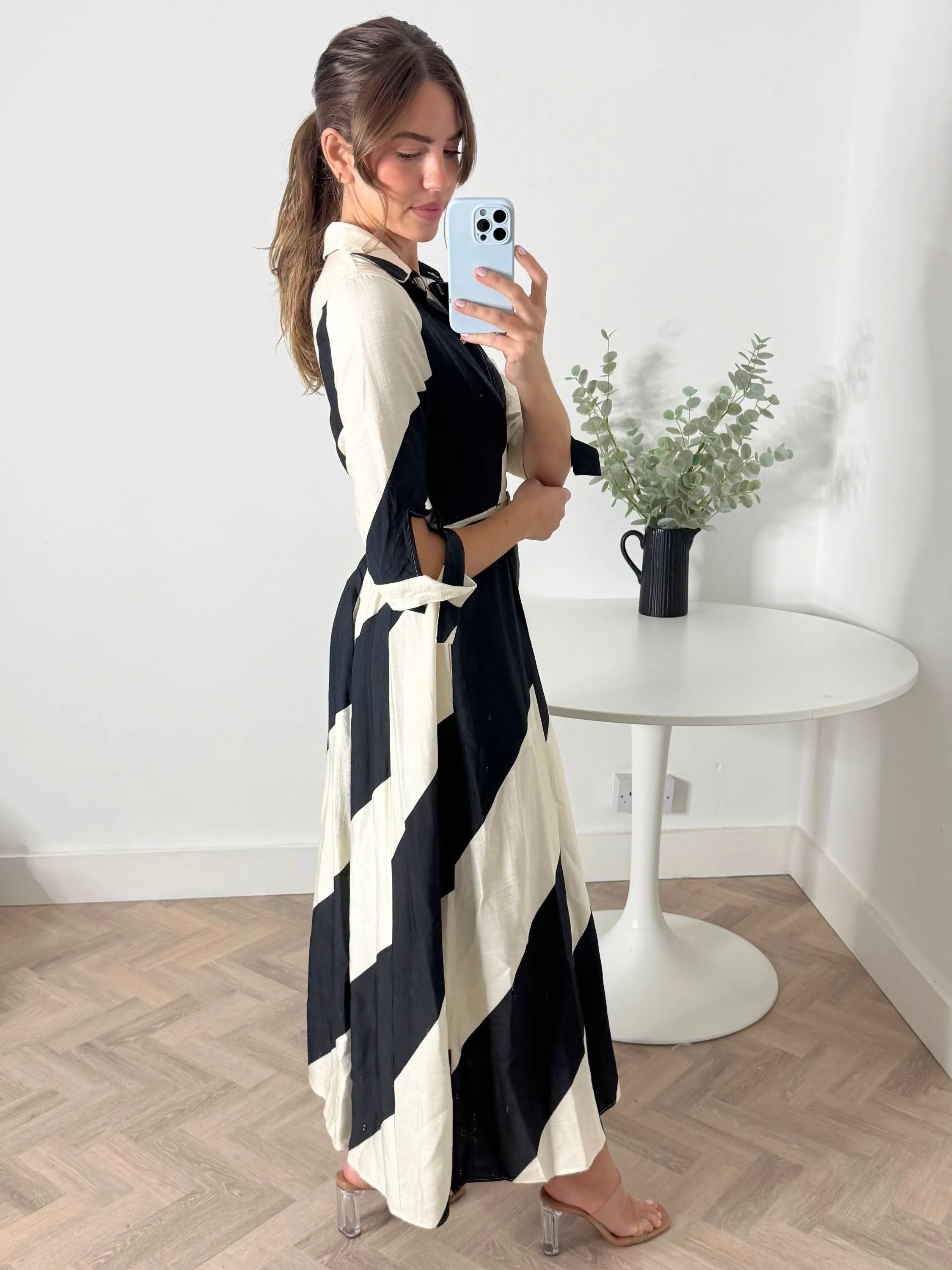 Minimalist Style Daphne Belted Shirt Dress / Mono Stripe