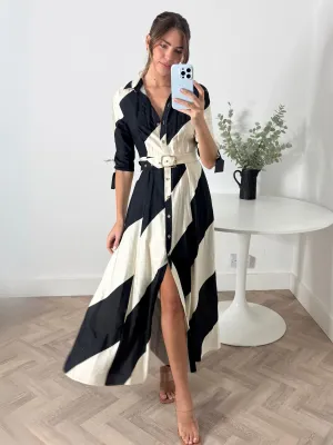 Bright bold dress Daphne Belted Shirt Dress / Mono Stripe