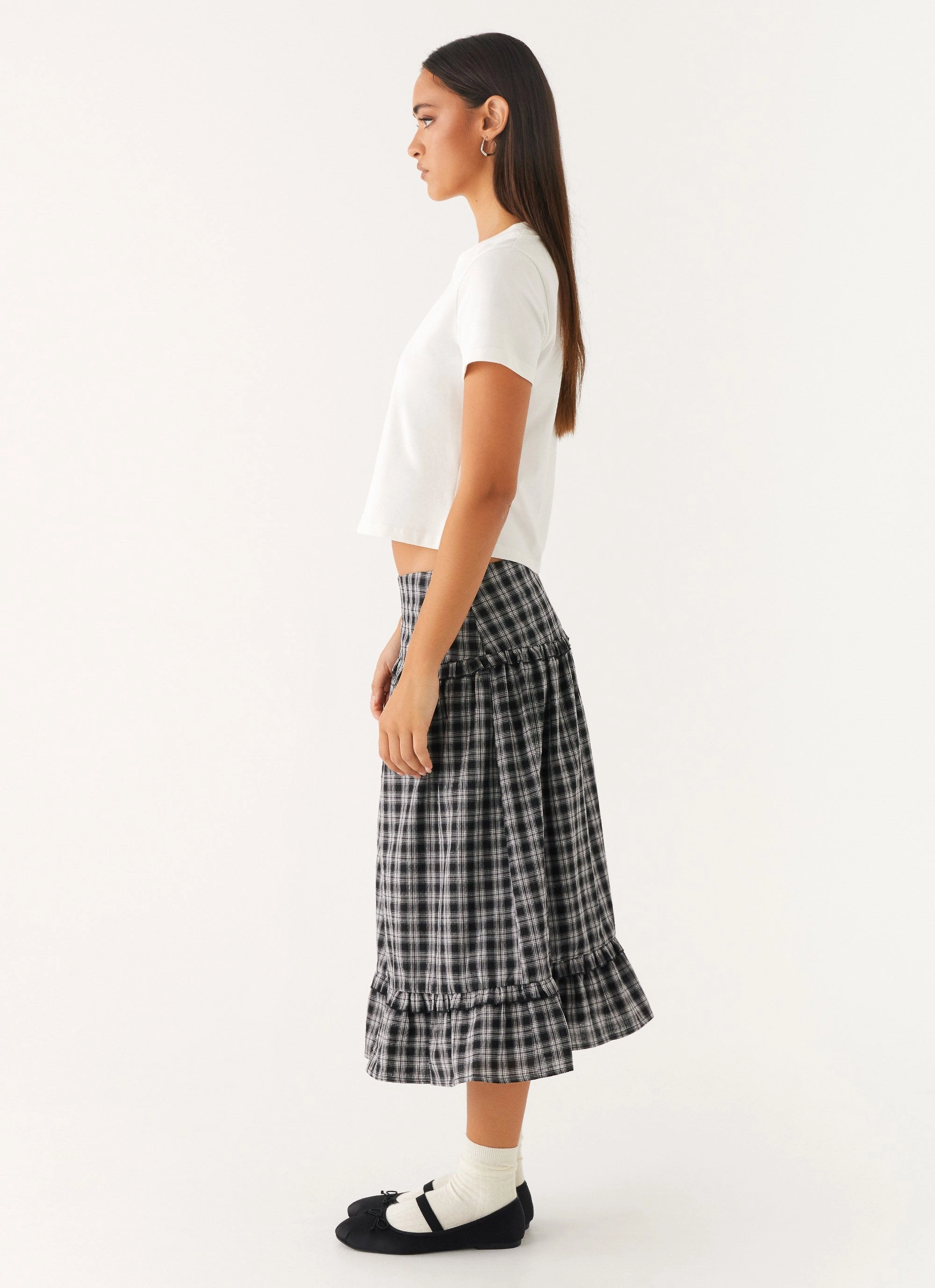 Laura Midi Skirt - White Black Check Minimal Touch