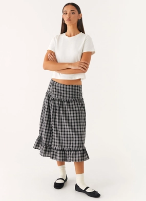Refined Texture Laura Midi Skirt - White Black Check