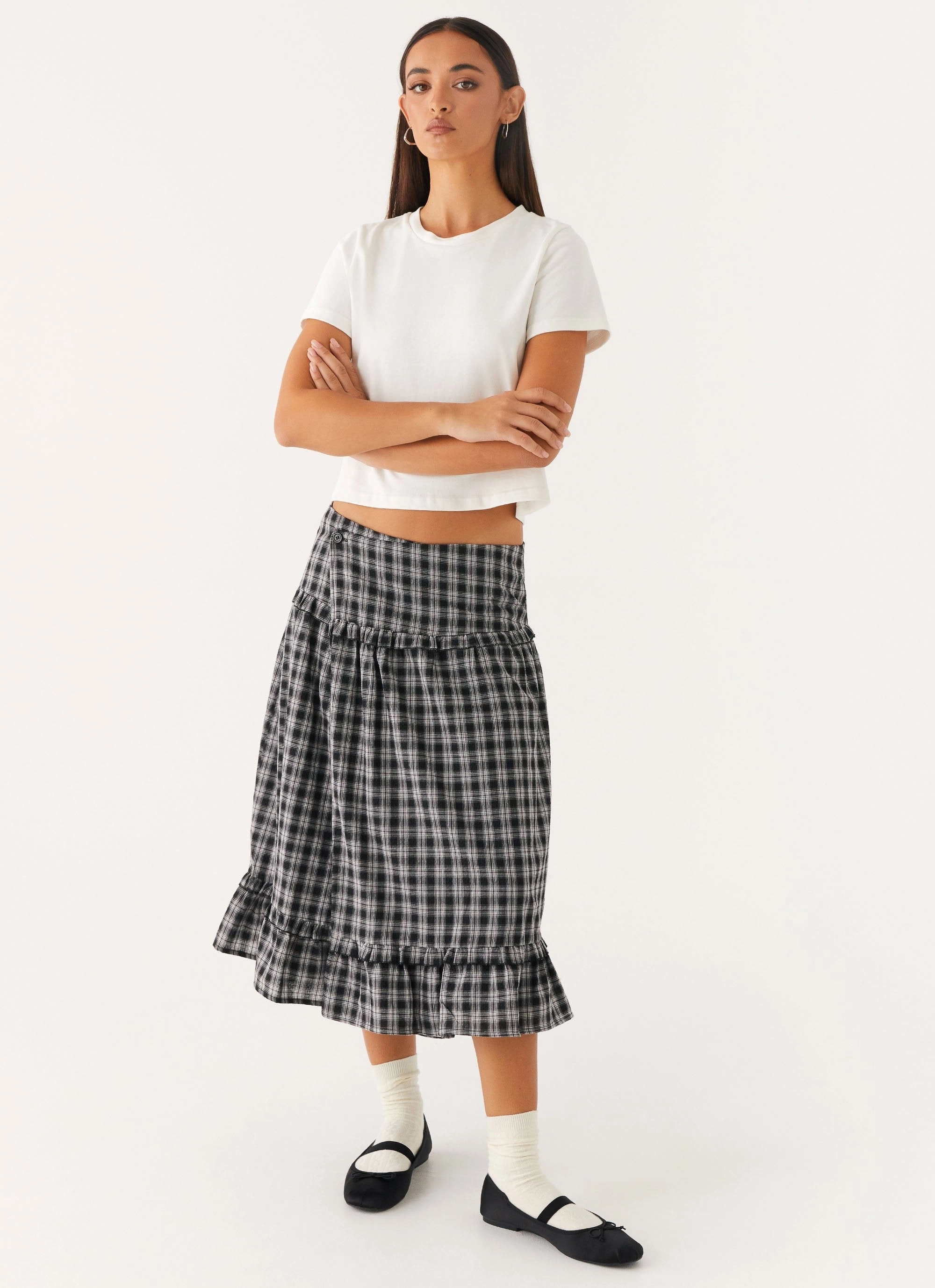 Refined Texture Laura Midi Skirt - White Black Check