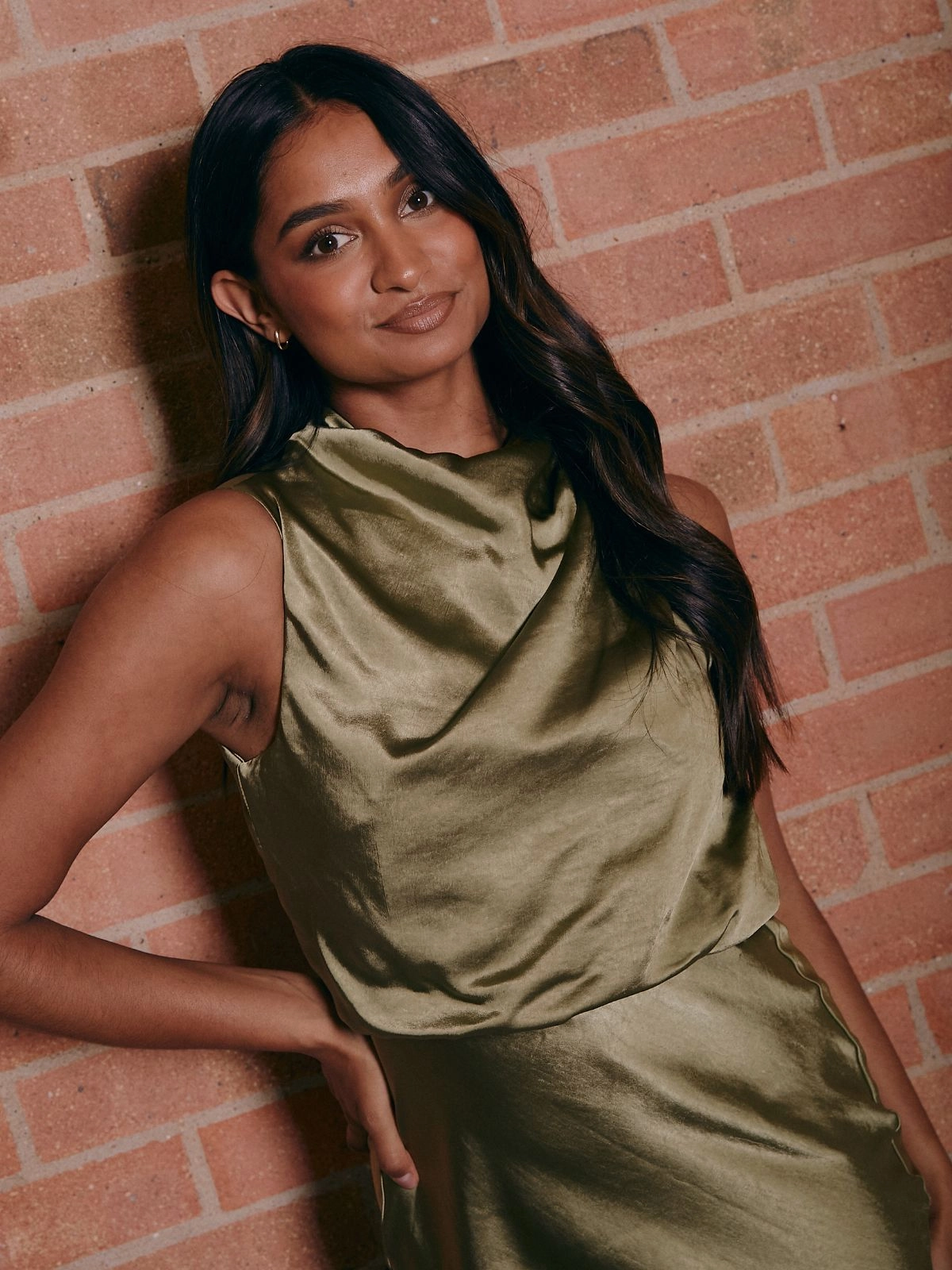 spring outfit Drape Neck Maxi Satin Dress / Olive