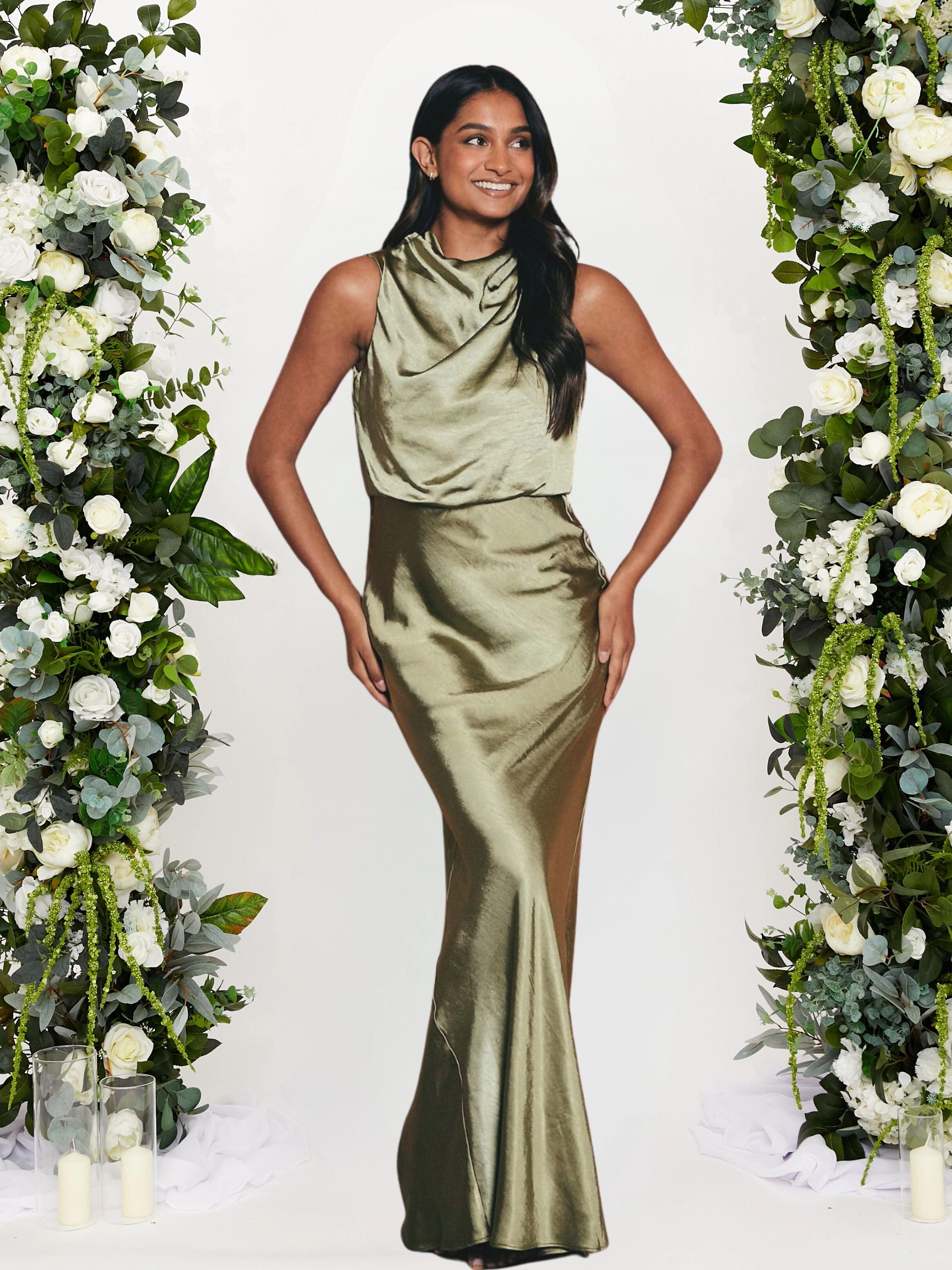 Drape Neck Maxi Satin Dress / Olive Chic Layered Wear Soft Vibes