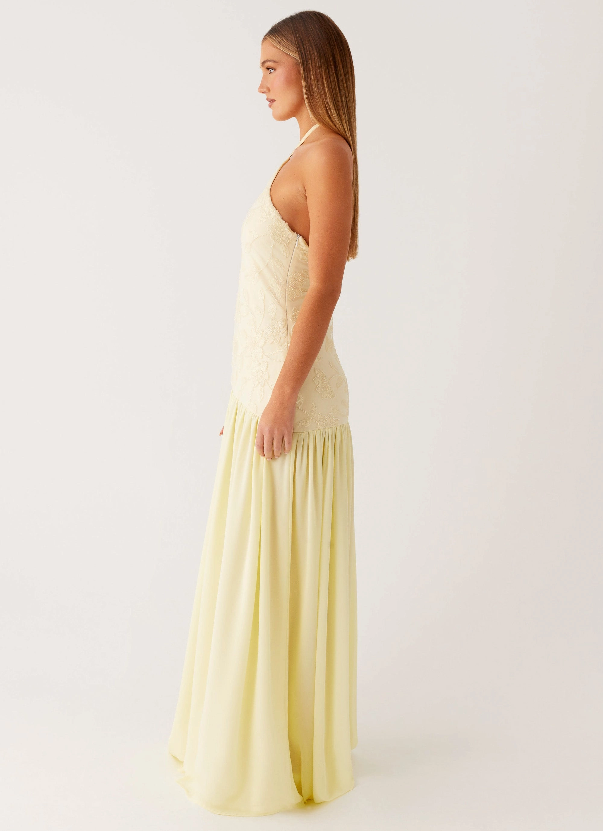 Janelle Beaded Maxi Dress - Yellow Textured Look
