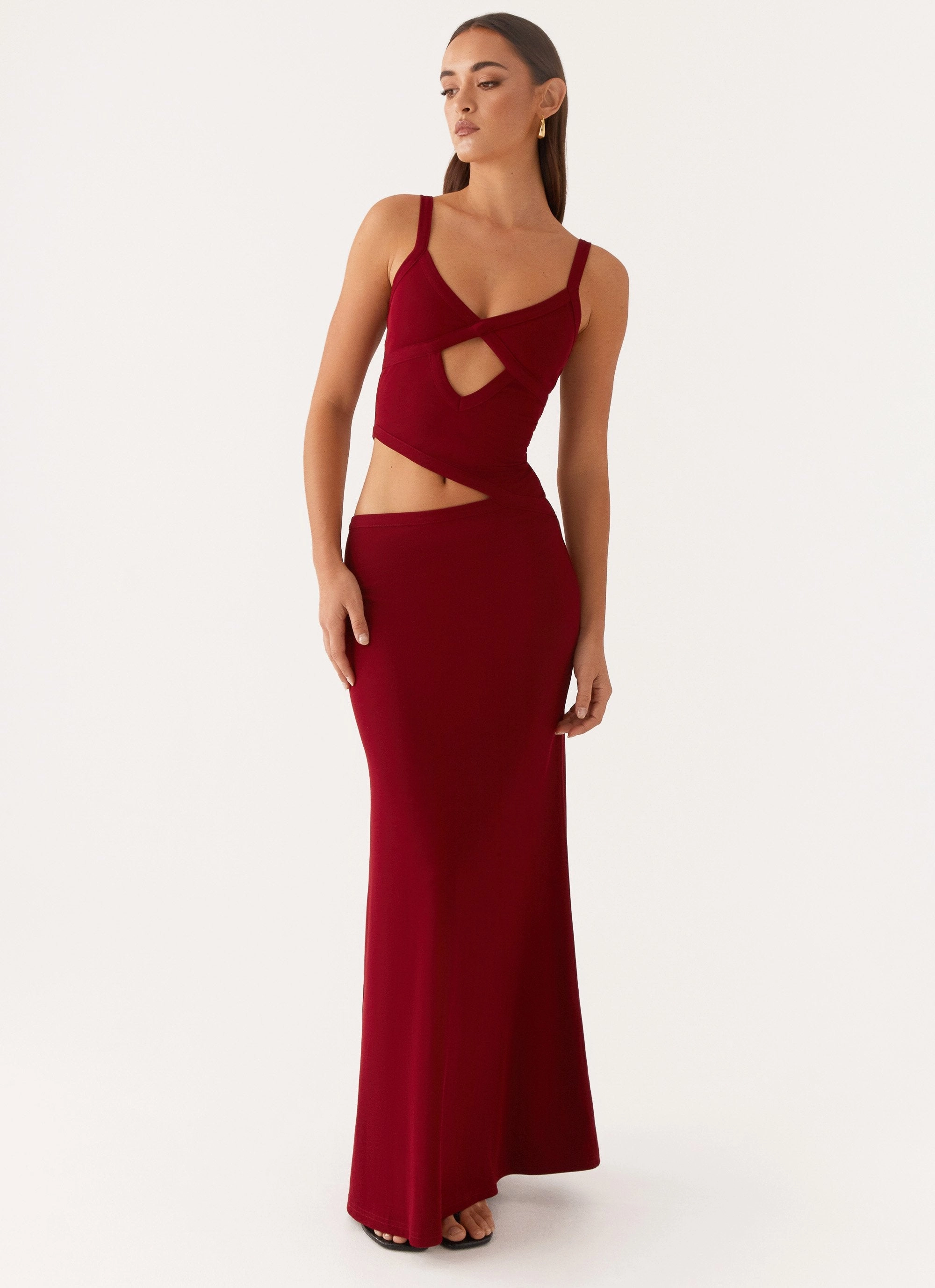 Jocelyn Maxi Dress - Maroon Glossy-Finish