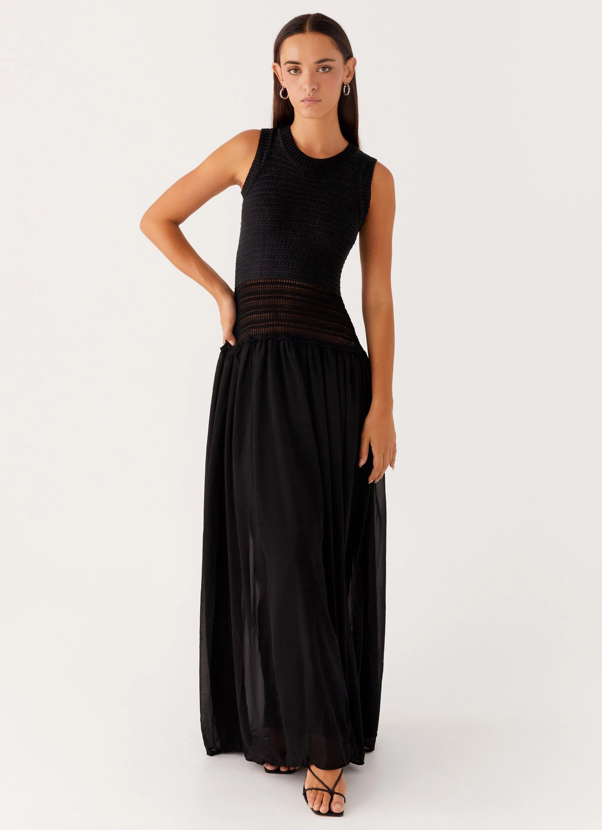 ContrastStitching Off Grid Crochet Maxi Dress - Black