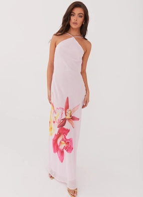 Sleek Texture Blossom Hearts Maxi Dress - Pink Peony