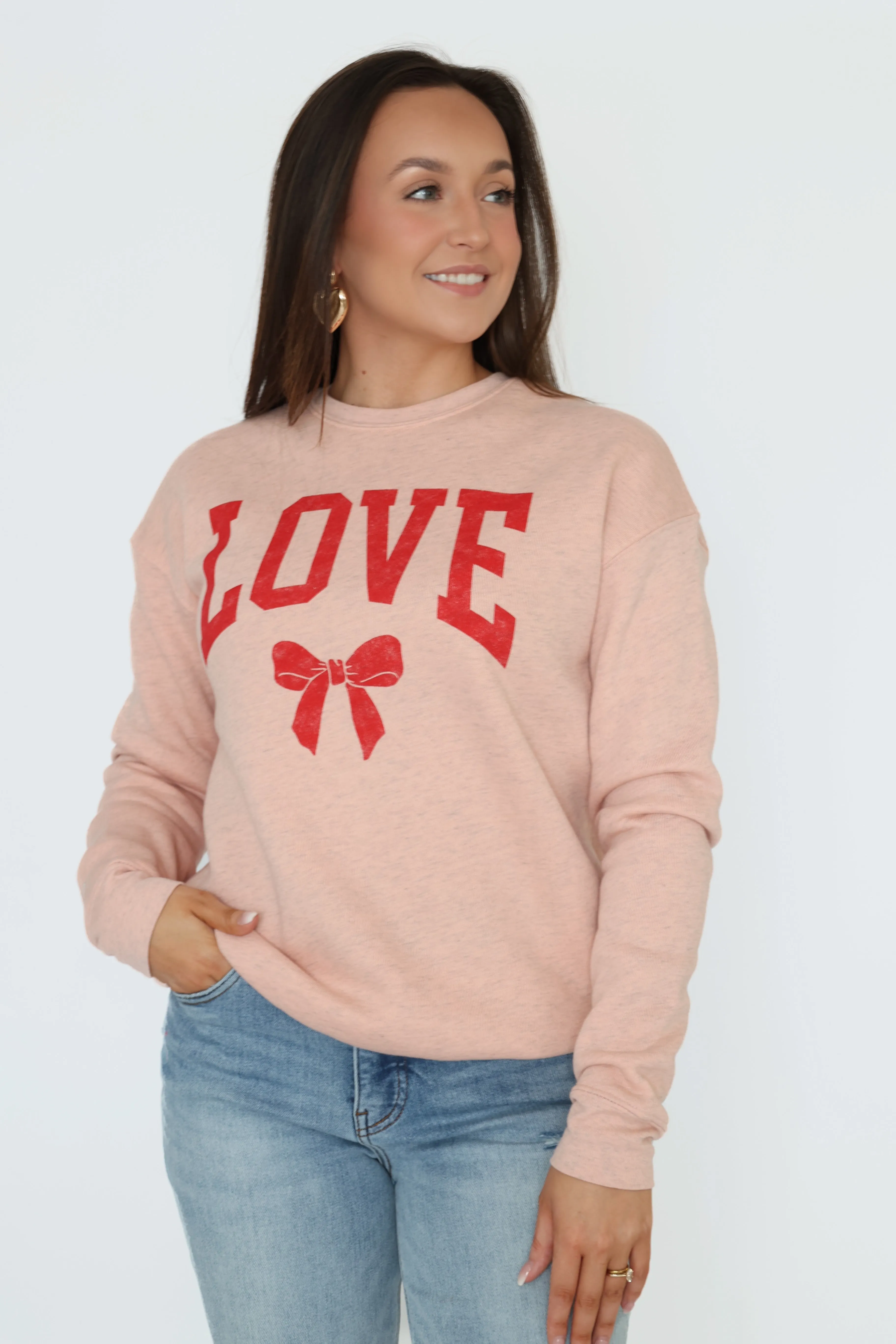 Love Bow Graphic Sweatshirt (FINAL SALE) Recycled Polyester Blend Hypoallergenic Fiber