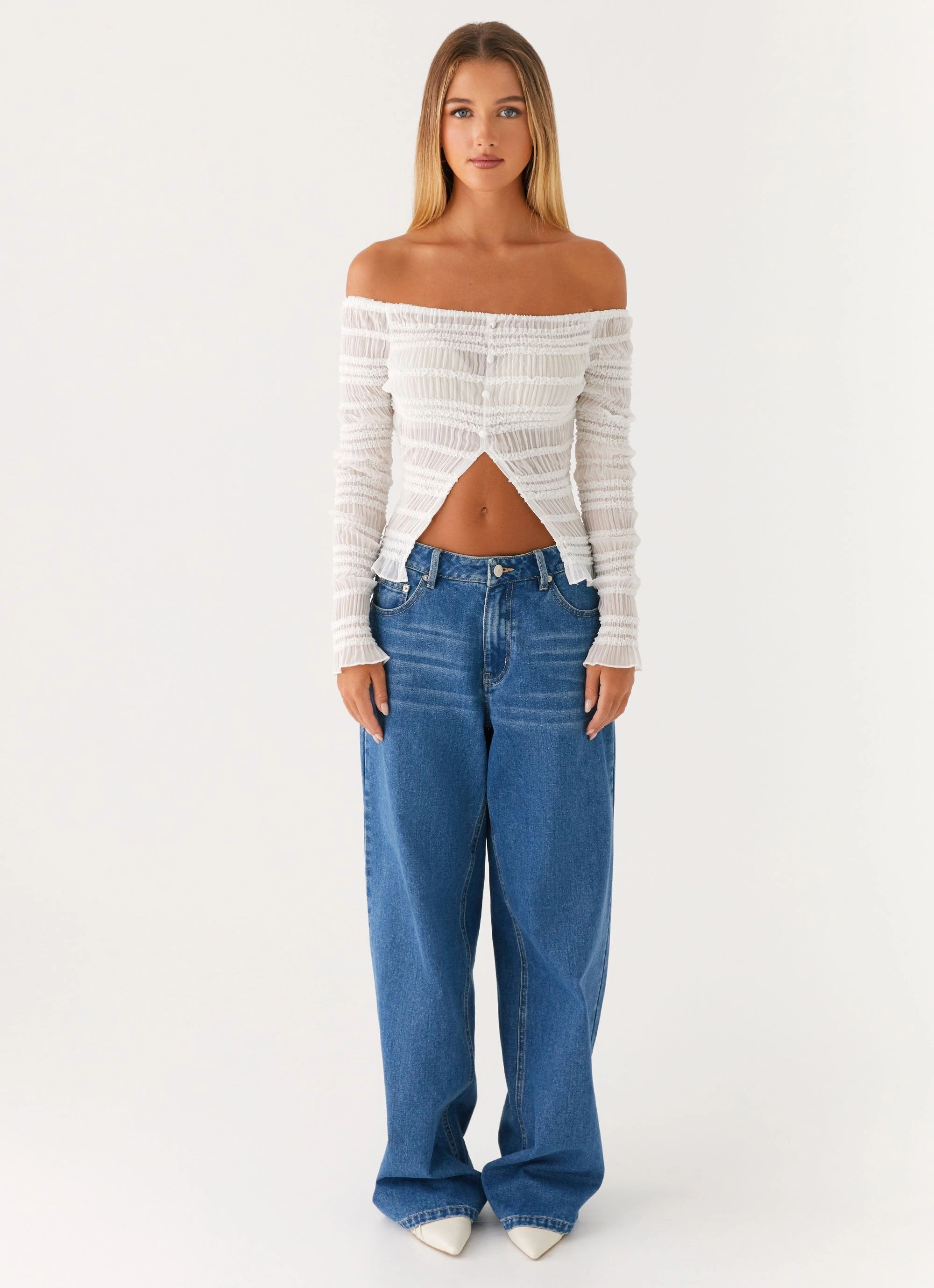 OdorControl Golden One Shirred Off Shoulder Top - White