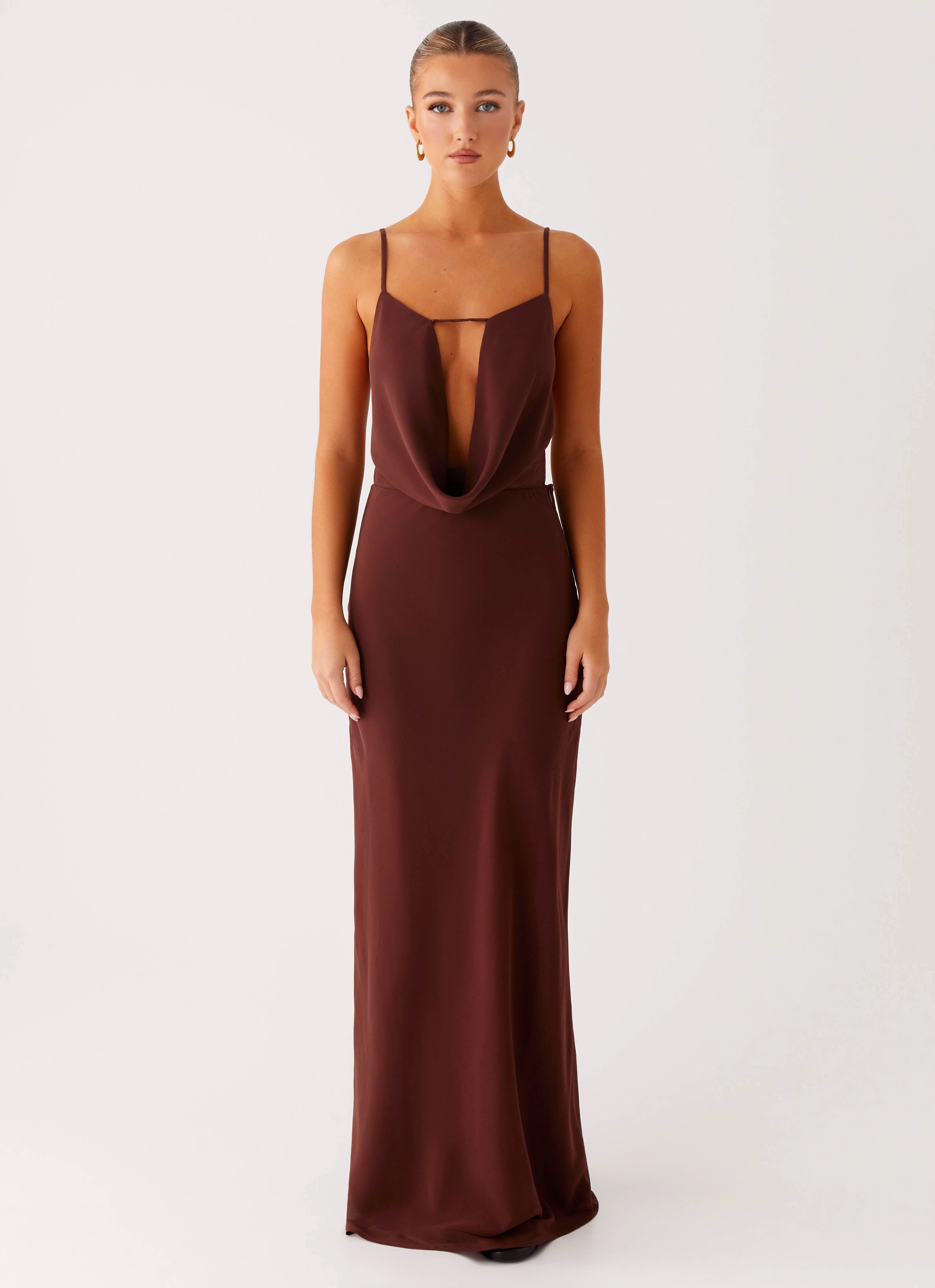 Stain-Resistant Elation Cowl Neck Maxi Dress - Chocolate