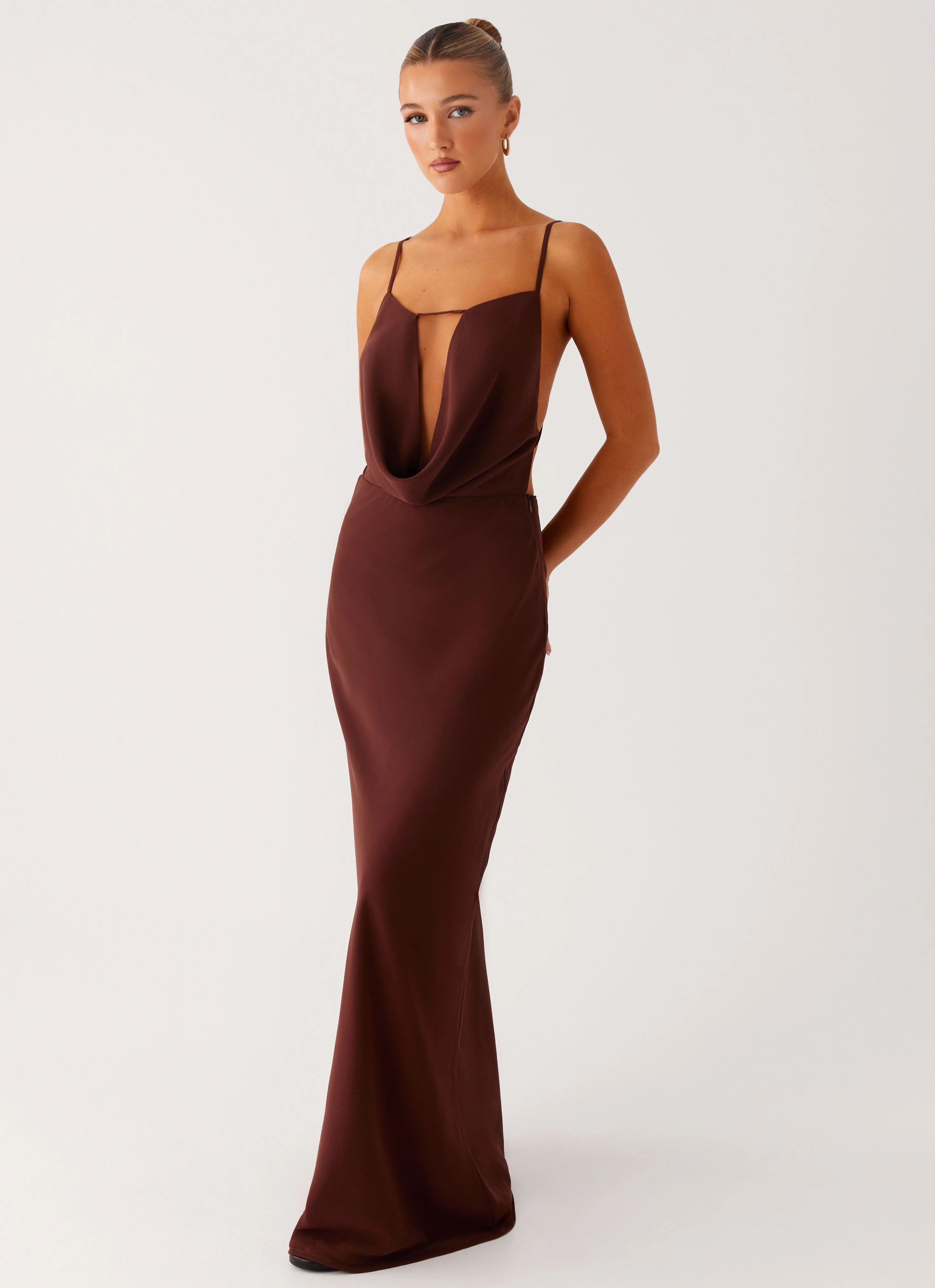 Stylish Appearance Light and breezy summer dress Elation Cowl Neck Maxi Dress - Chocolate
