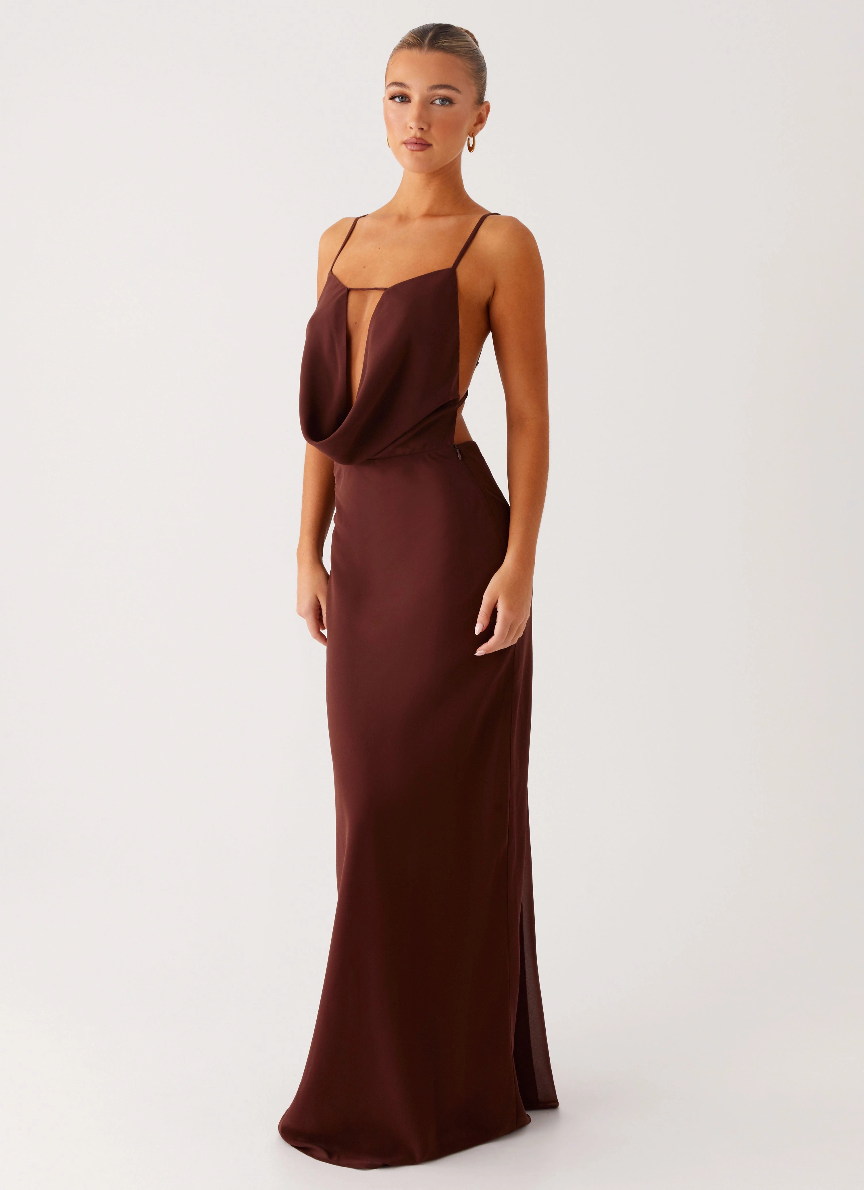 Year Rounder Subtle Look Elation Cowl Neck Maxi Dress - Chocolate
