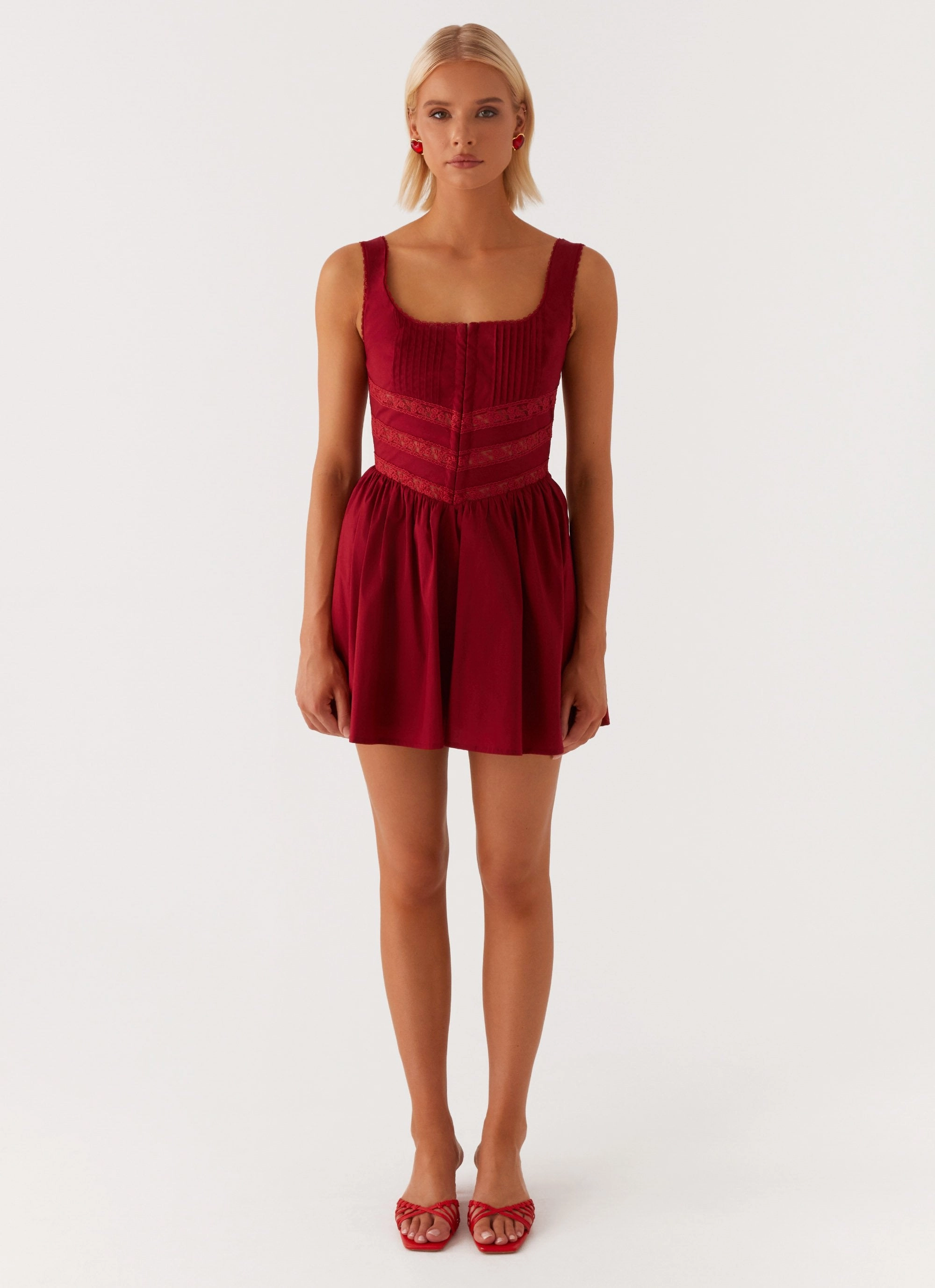 Relaxed Finish Elegant Everyday Eleanor Lace Trim Mini Dress - Red