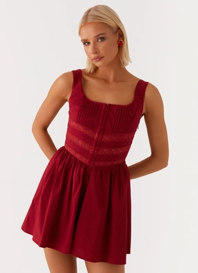 Eleanor Lace Trim Mini Dress - Red Relaxed Waistband Draped Silhouette