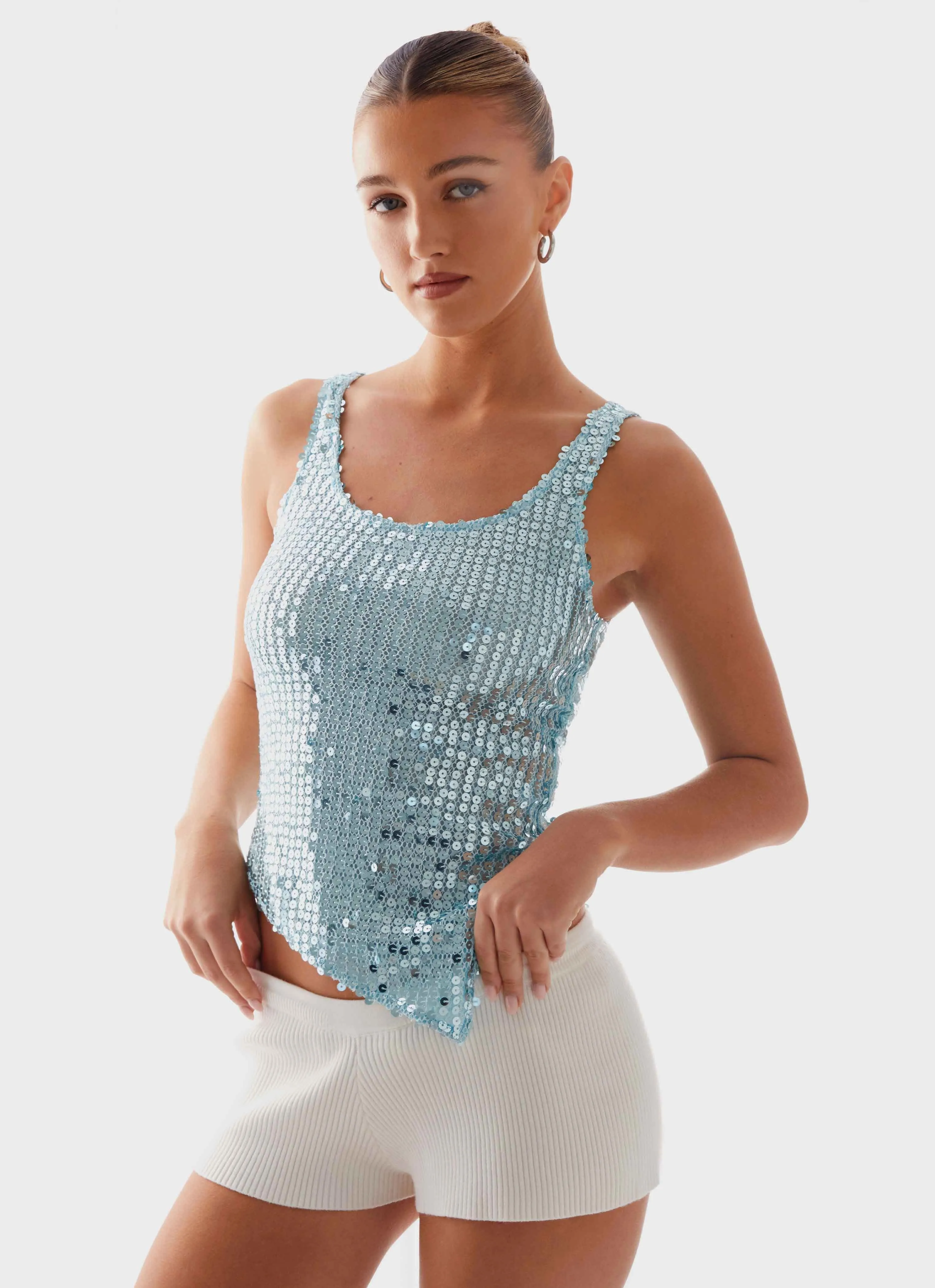Textured Weave Electra Sequin Tank - Turquoise
