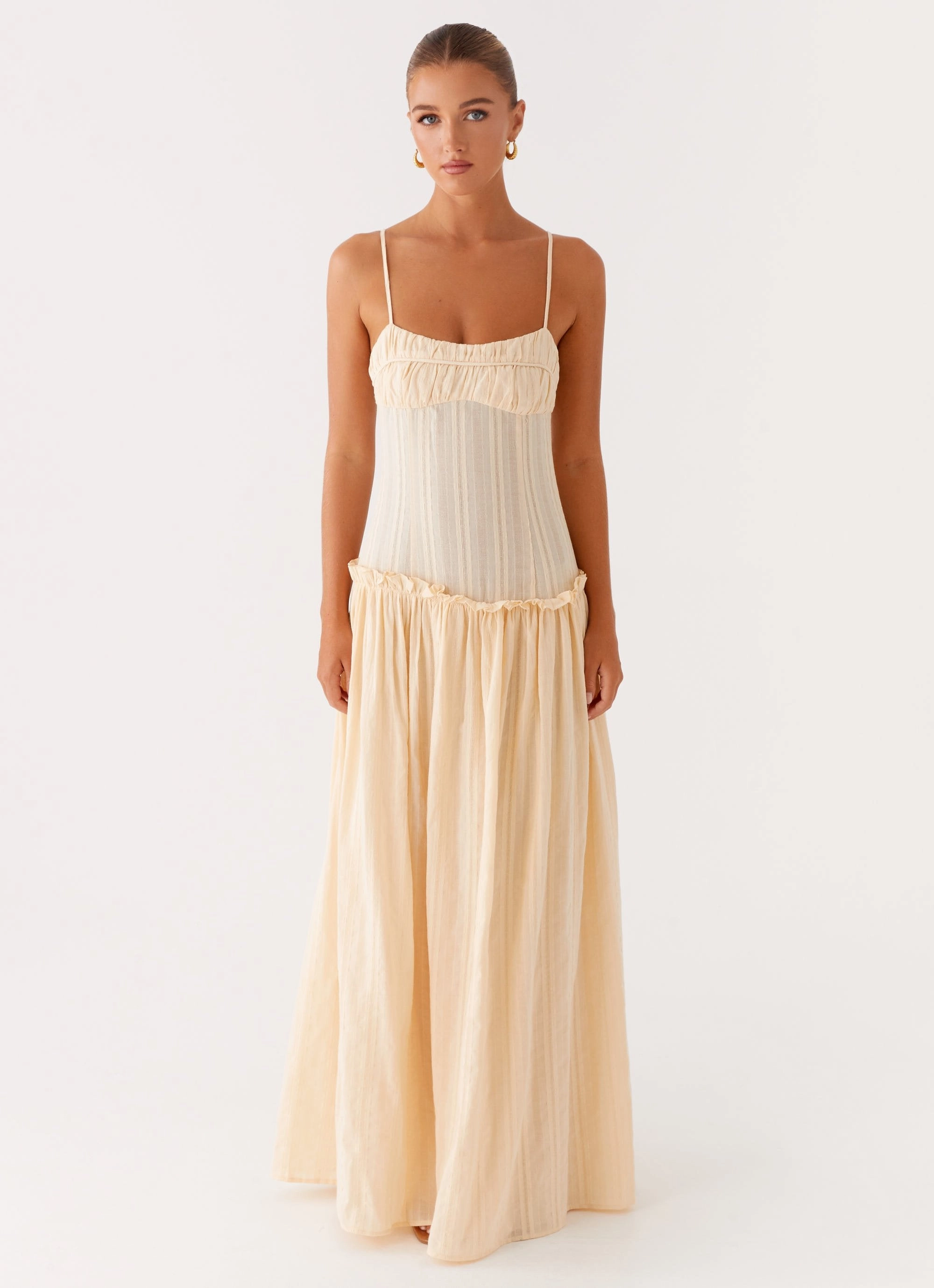 Jacinda Drop Waist Maxi Dress - Cream Summer Wardrobe V-Neck