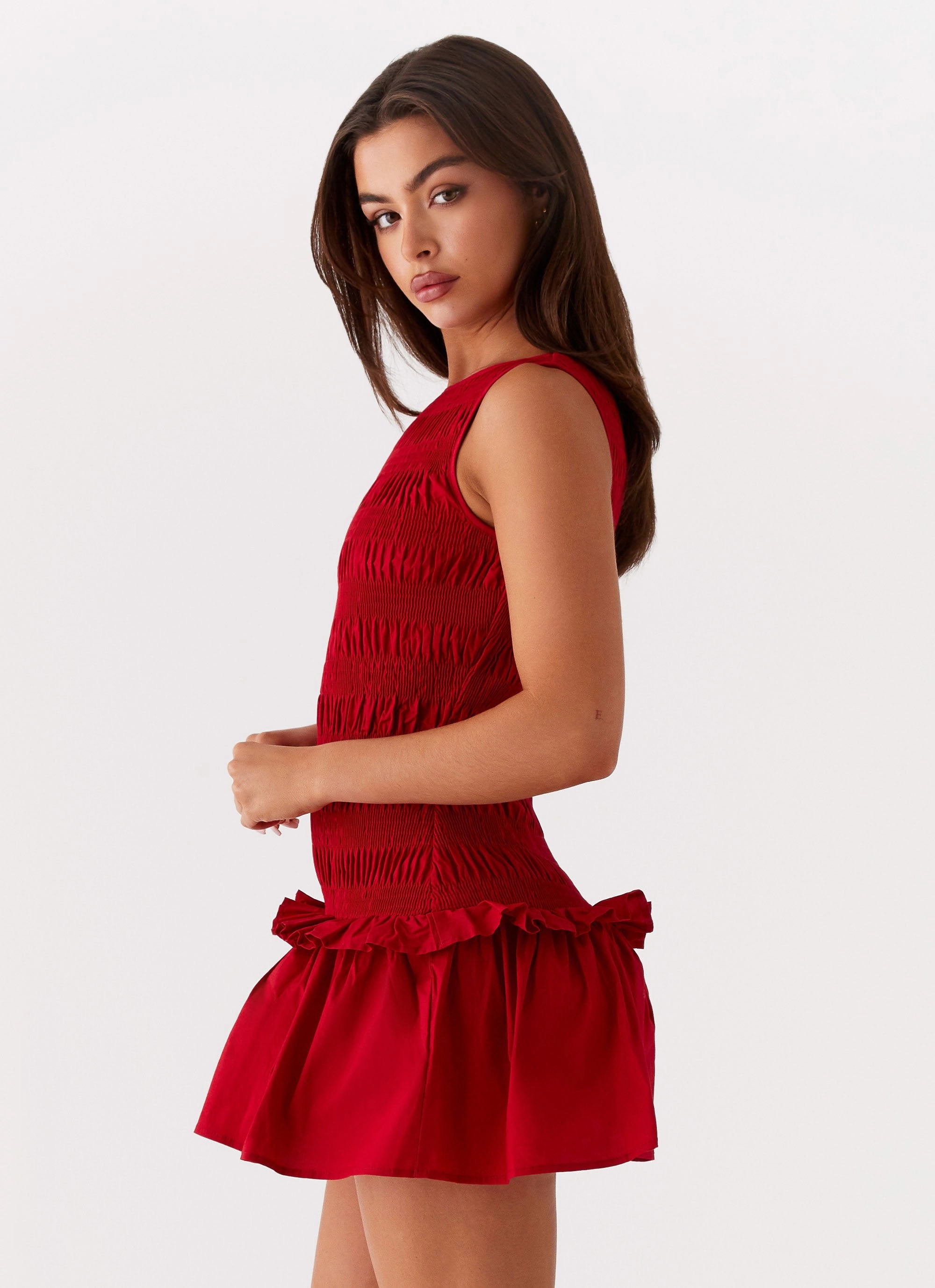 Smart Style Garden Kisses Shirred Mini Dress - Red