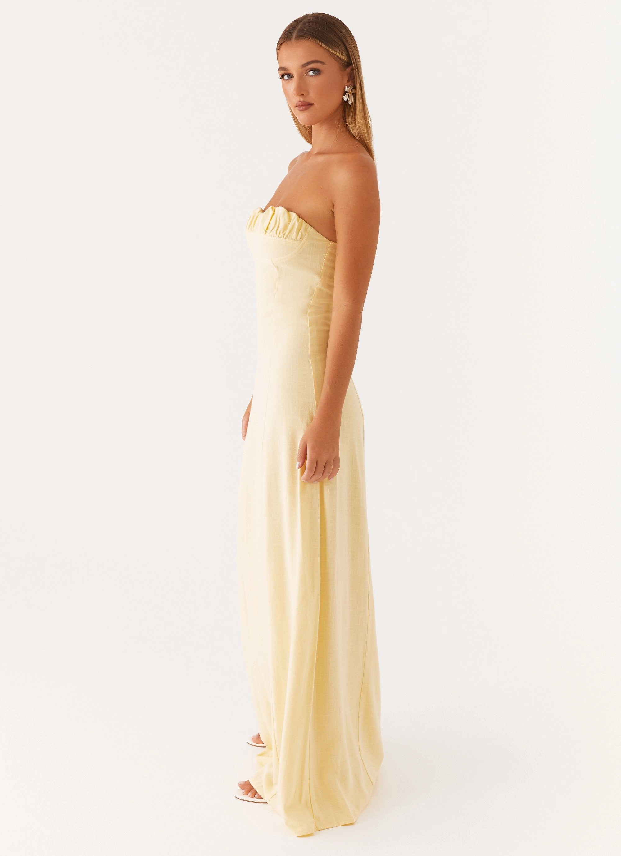 Tayla Linen Maxi Dress - Yellow Applique-Detail Refined Line