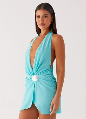 Eleanora Plunge Mini Dress - Turquoise Bride Friend Textured Surface