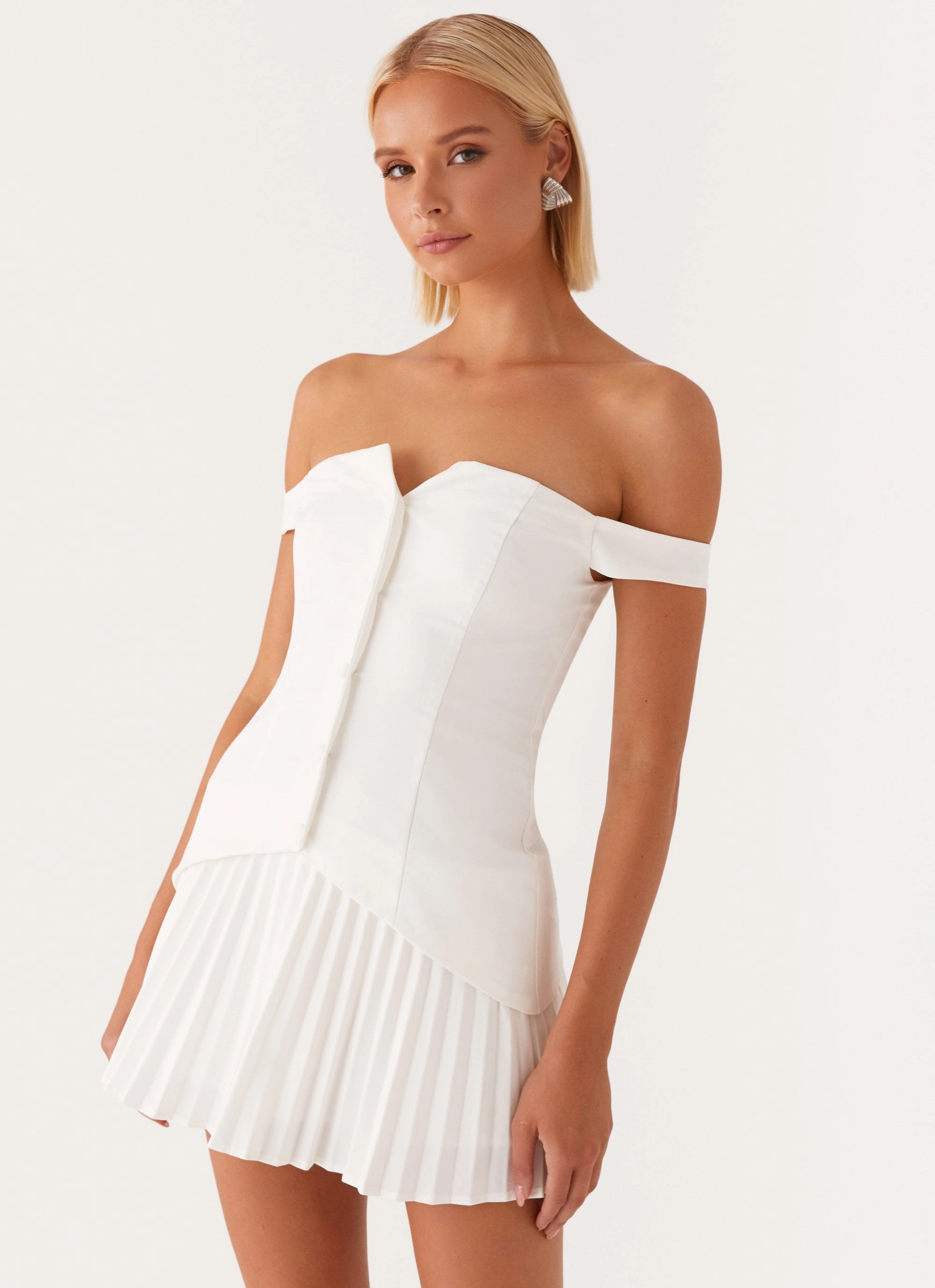 DeepPocketStyle Soft Mesh Twisted Skies Off Shoulder Mini Dress - Off White