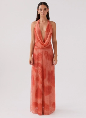 Climate-Adaptive Comfort Fit Elysia Chiffon Maxi Dress - Fiery Fusion
