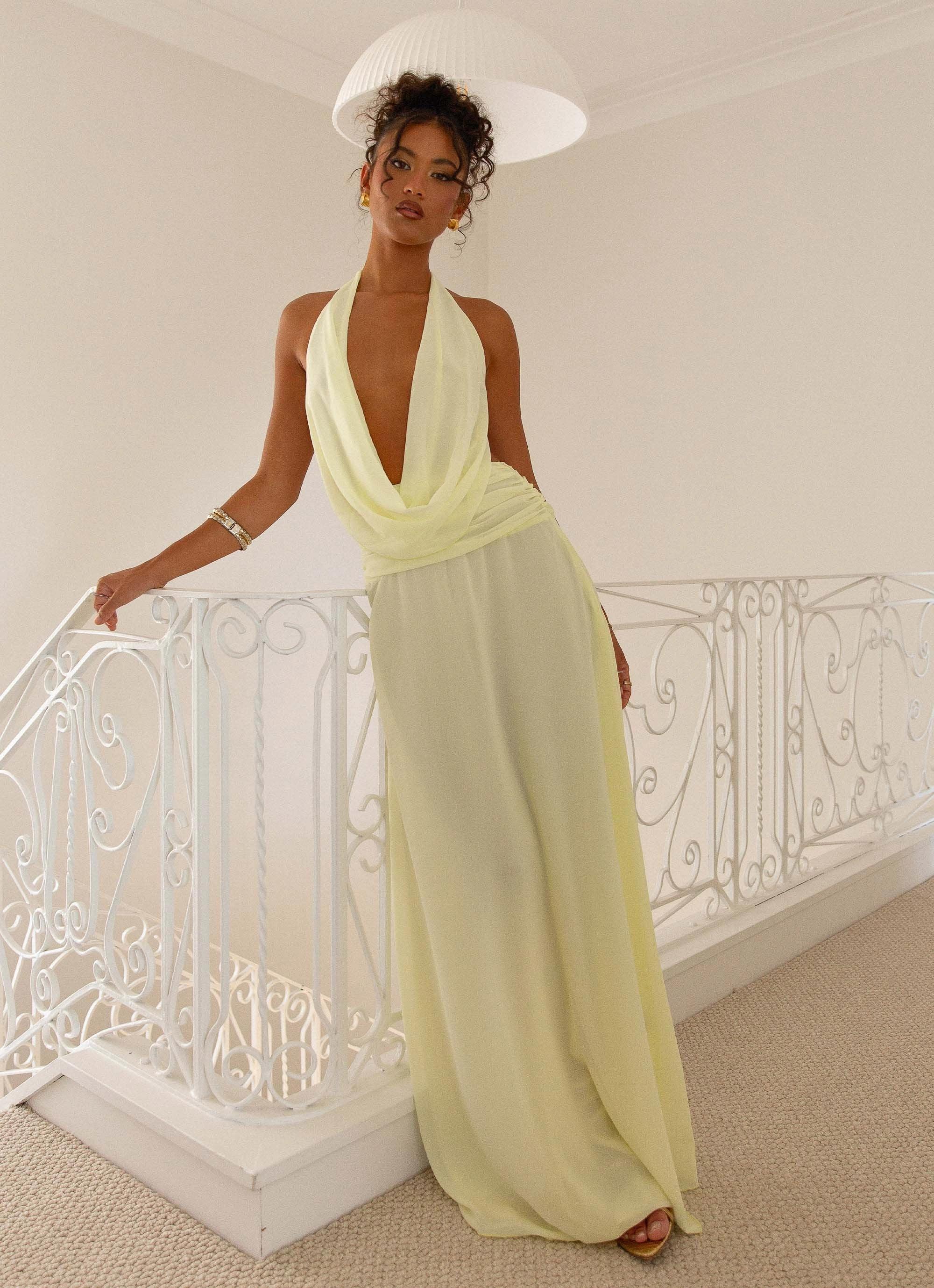 Elysia Chiffon Maxi Dress - Lemon Elegant Flow Silk Flow