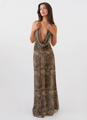 Elysia Mesh Maxi Dress - Leopard Knot-Detail Tailored Mood