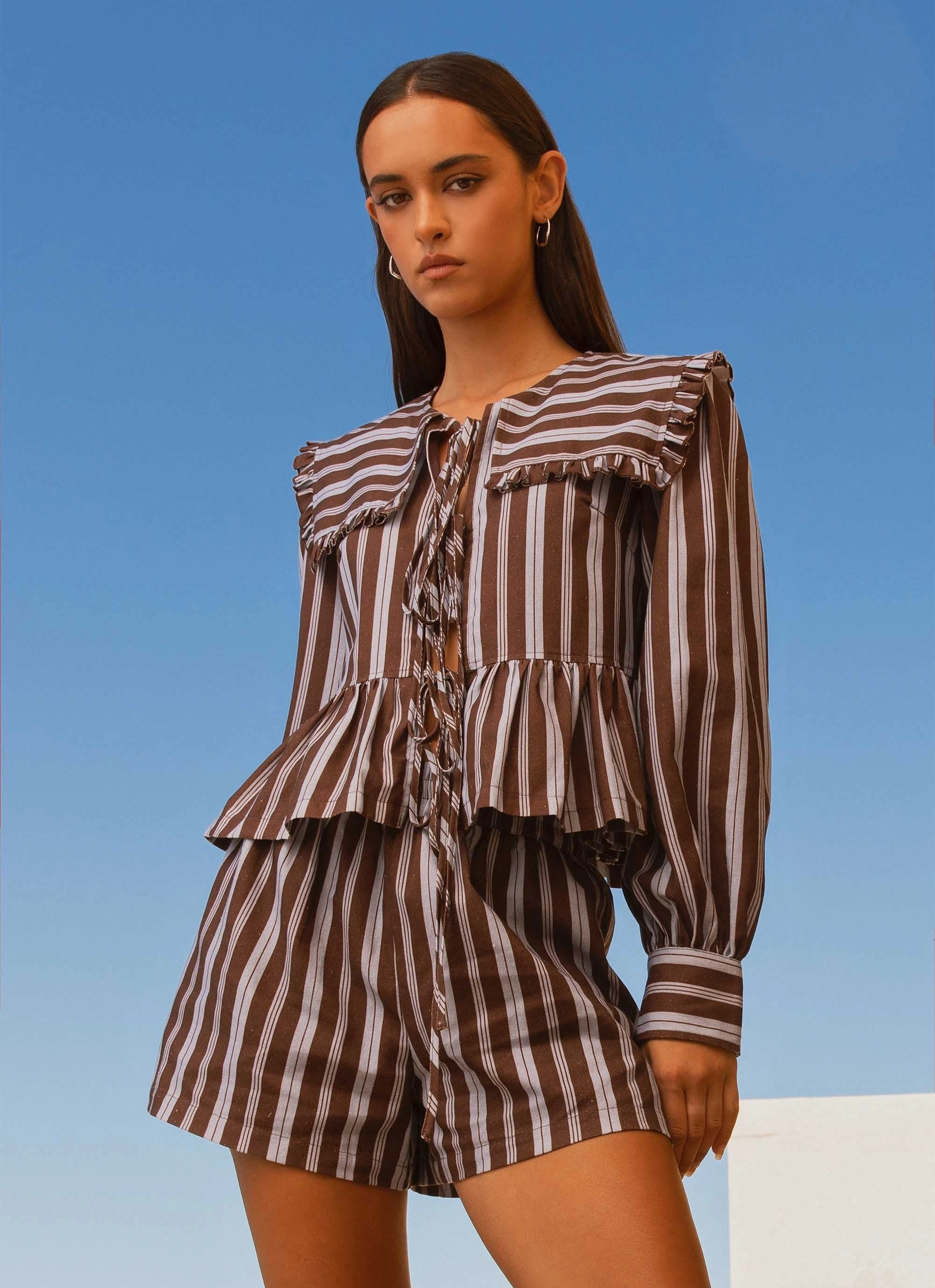 Emerson Tie Front Long Sleeve Top - Purple Brown Stripe ReflectiveAccents HighDensityFoam