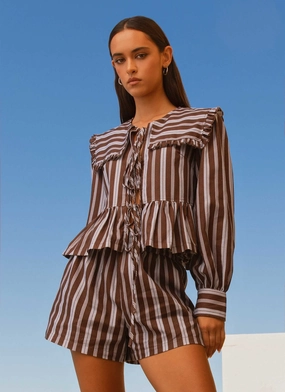 Emerson Tie Front Long Sleeve Top - Purple Brown Stripe ReflectiveAccents HighDensityFoam