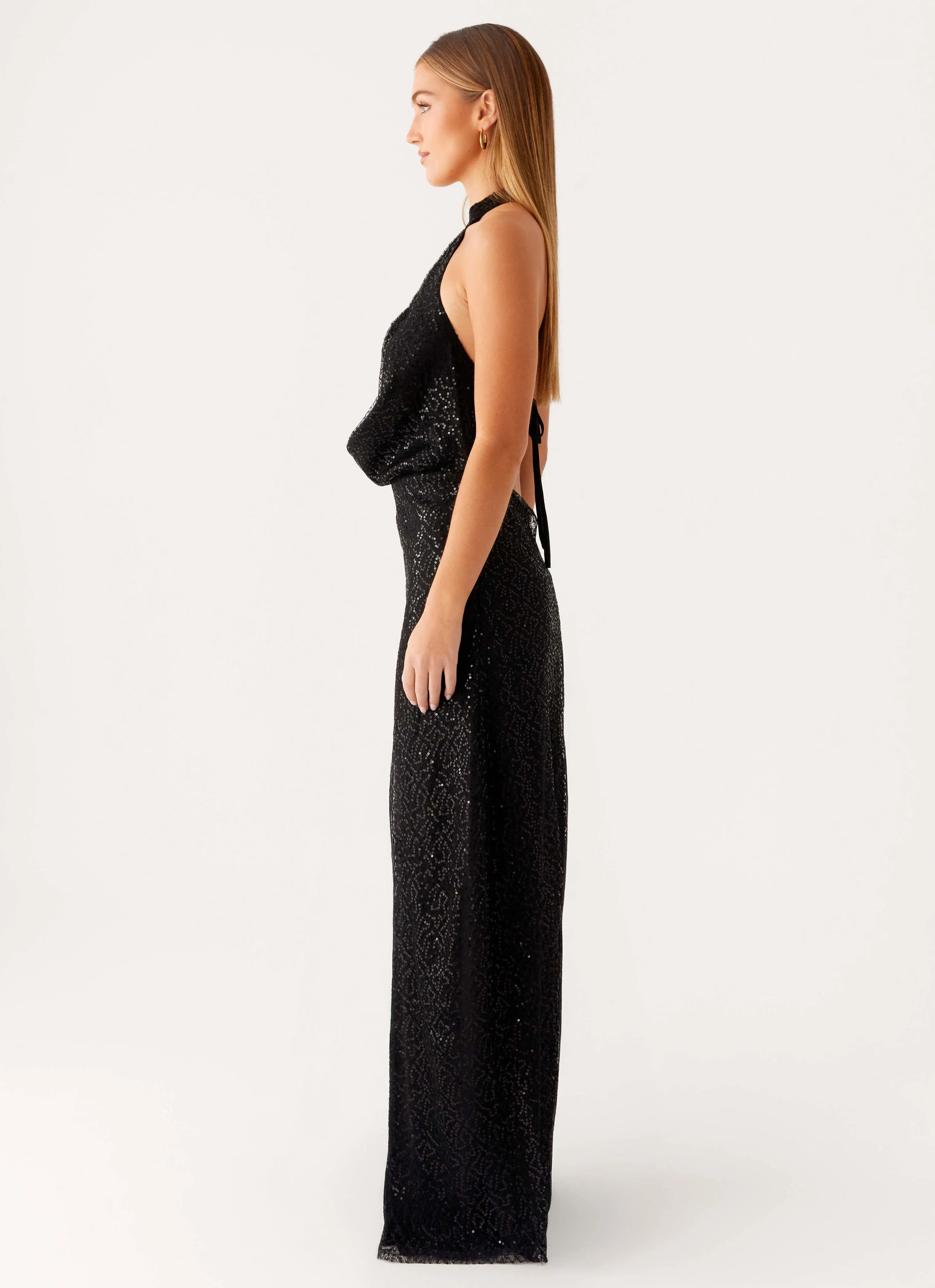 Gentle Drape Empire Sequin Maxi Dress - Black