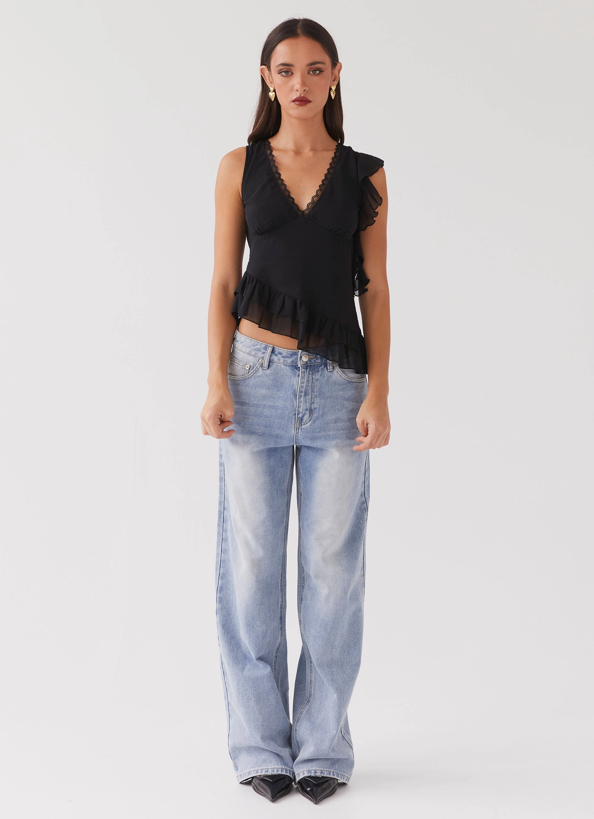 Empress Frill Trim Top - Black AdjustableCuffs