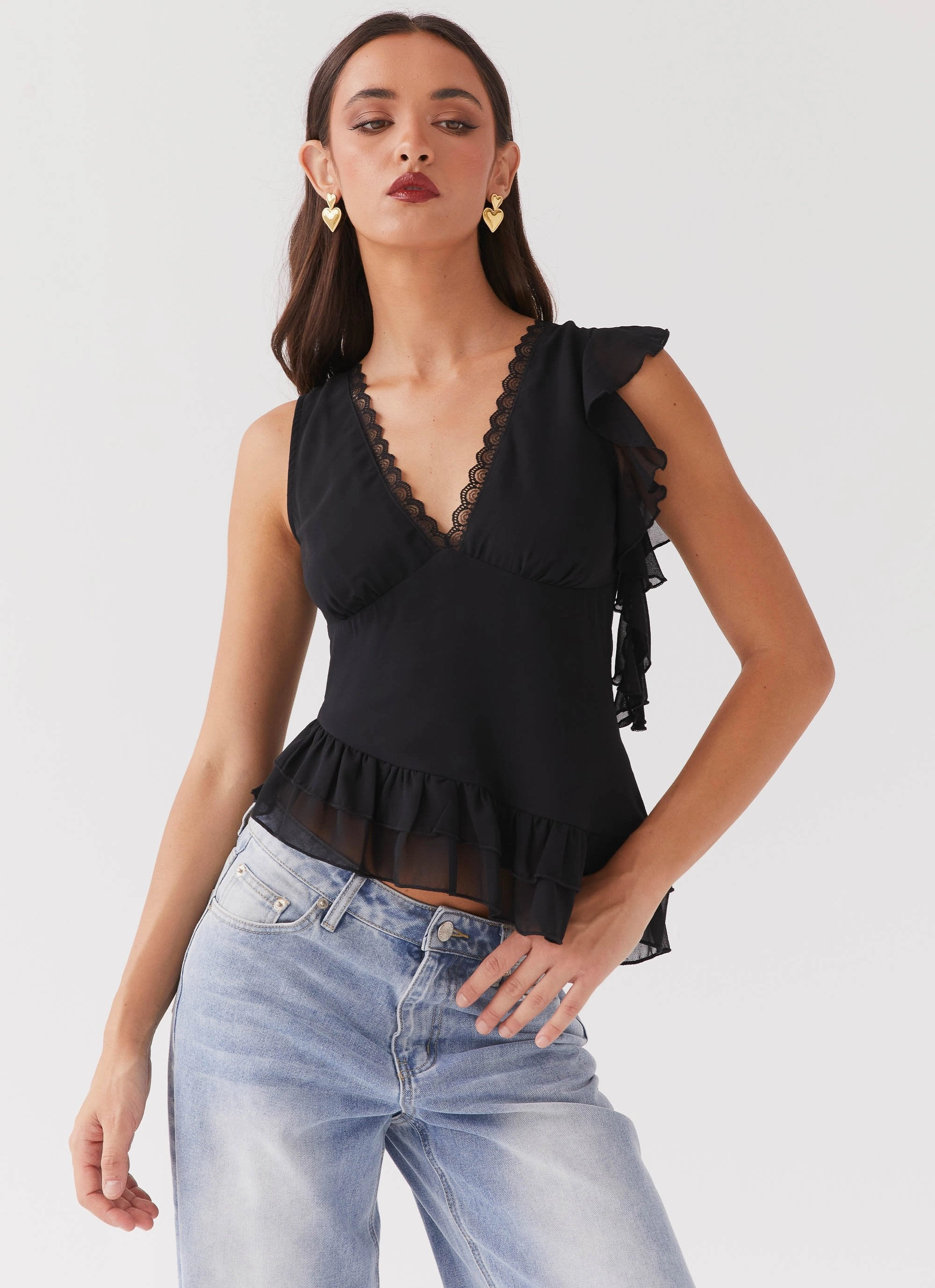 Heat Retention Empress Frill Trim Top - Black