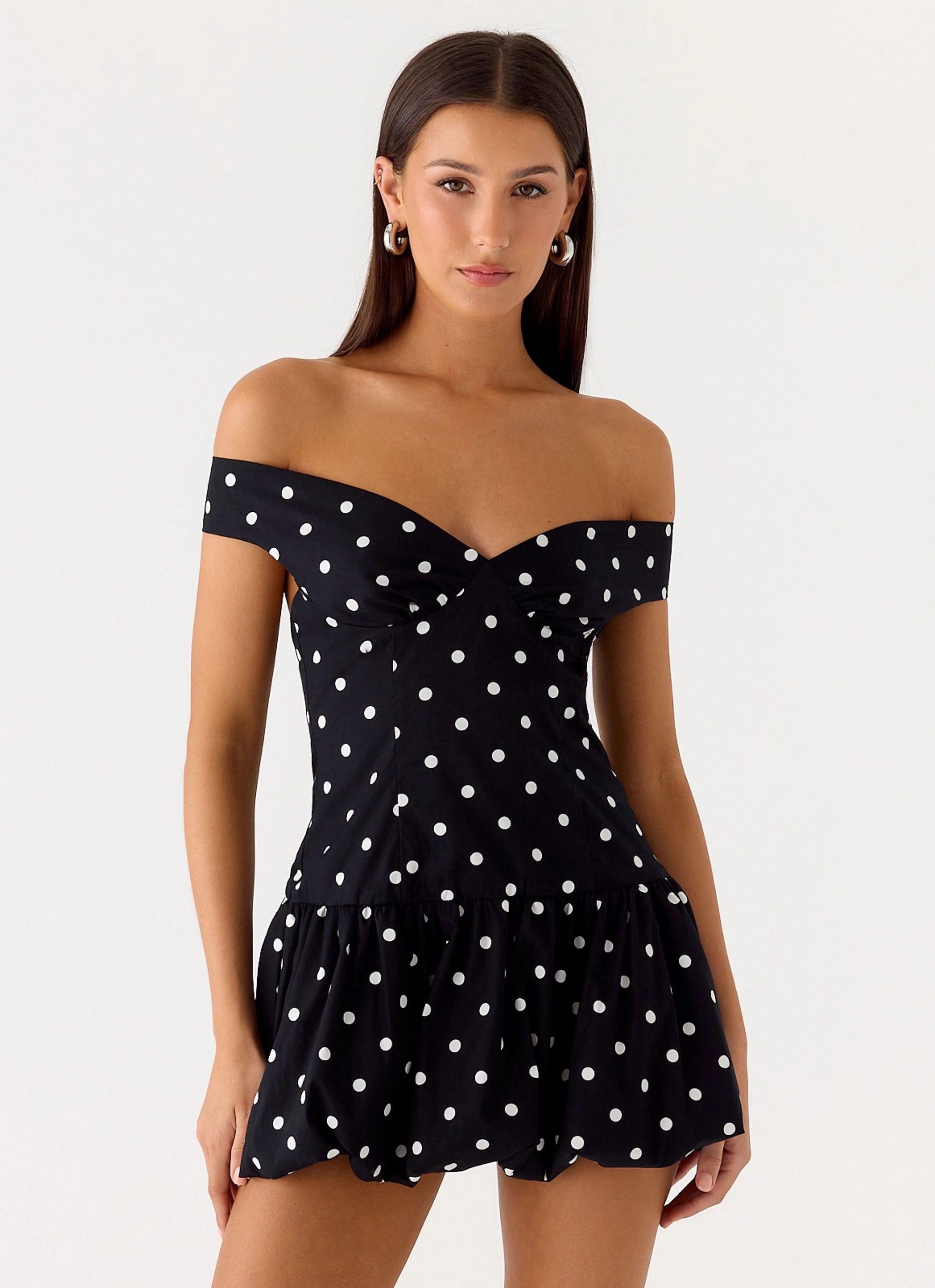 Endless Romance Off Shoulder Mini Dress - Black Polkadot Smooth Outline Lunch Date