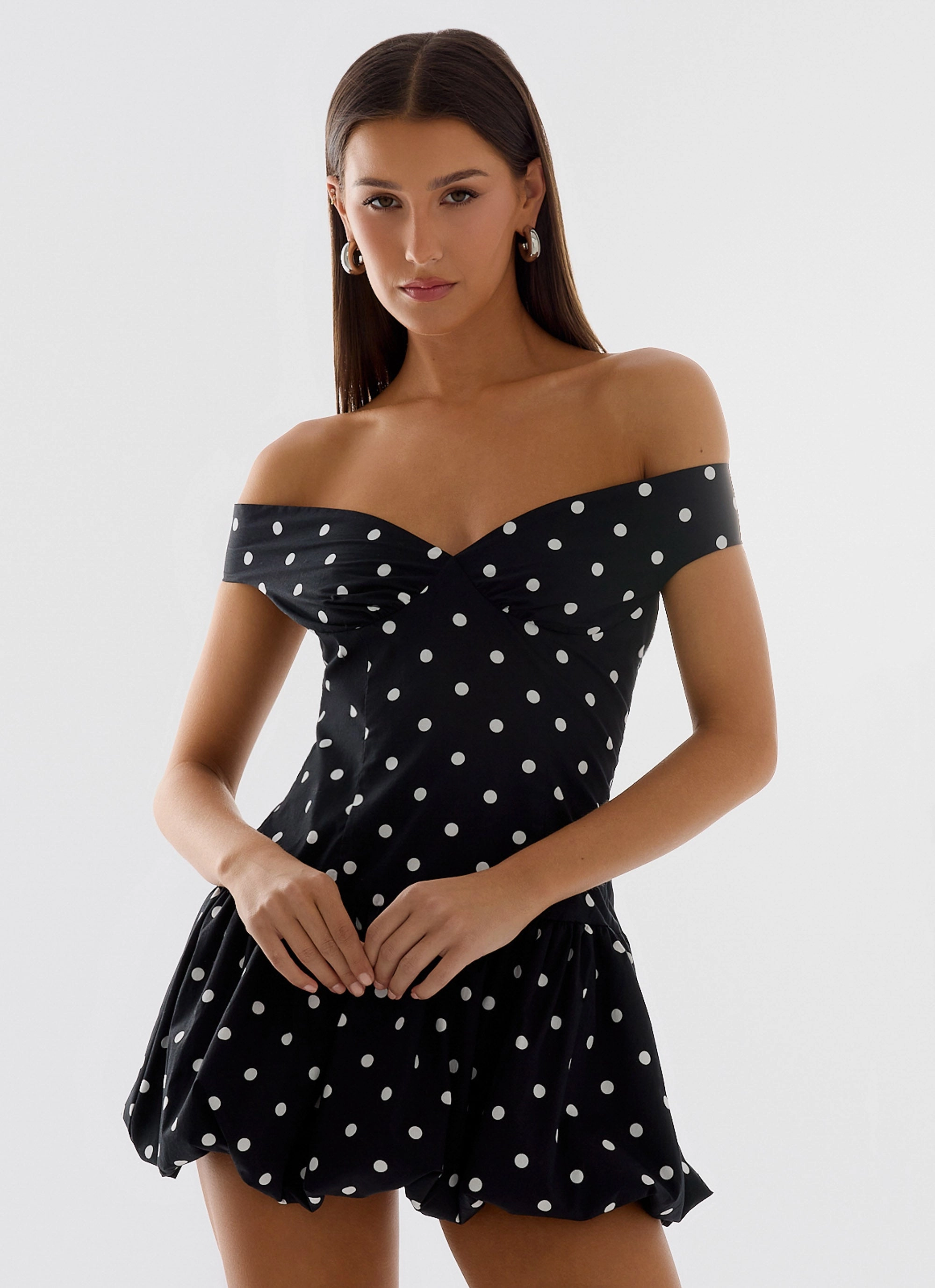 Endless Romance Off Shoulder Mini Dress - Black Polkadot Flattering Silhouette Wear