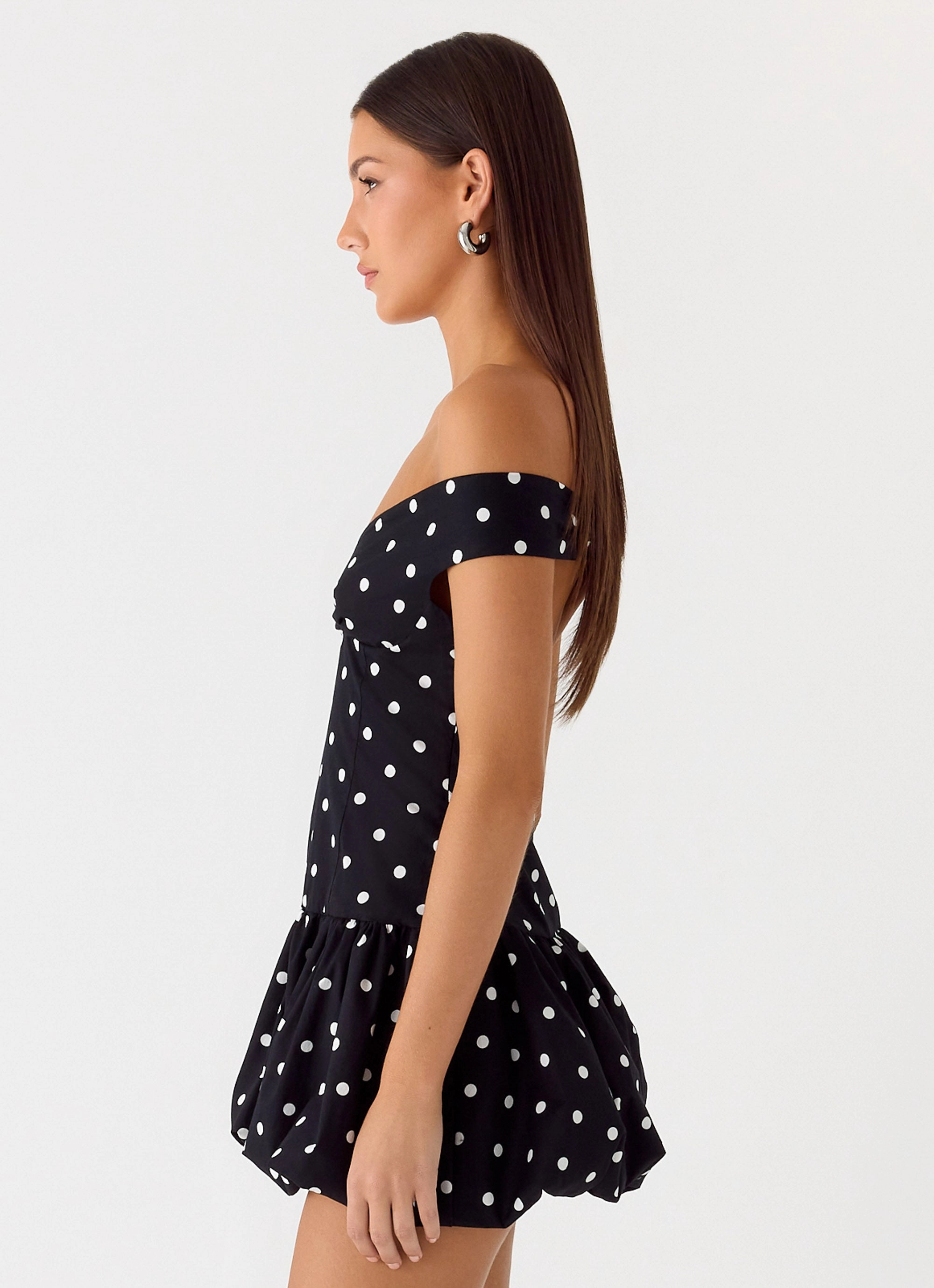 Endless Romance Off Shoulder Mini Dress - Black Polkadot Night Style