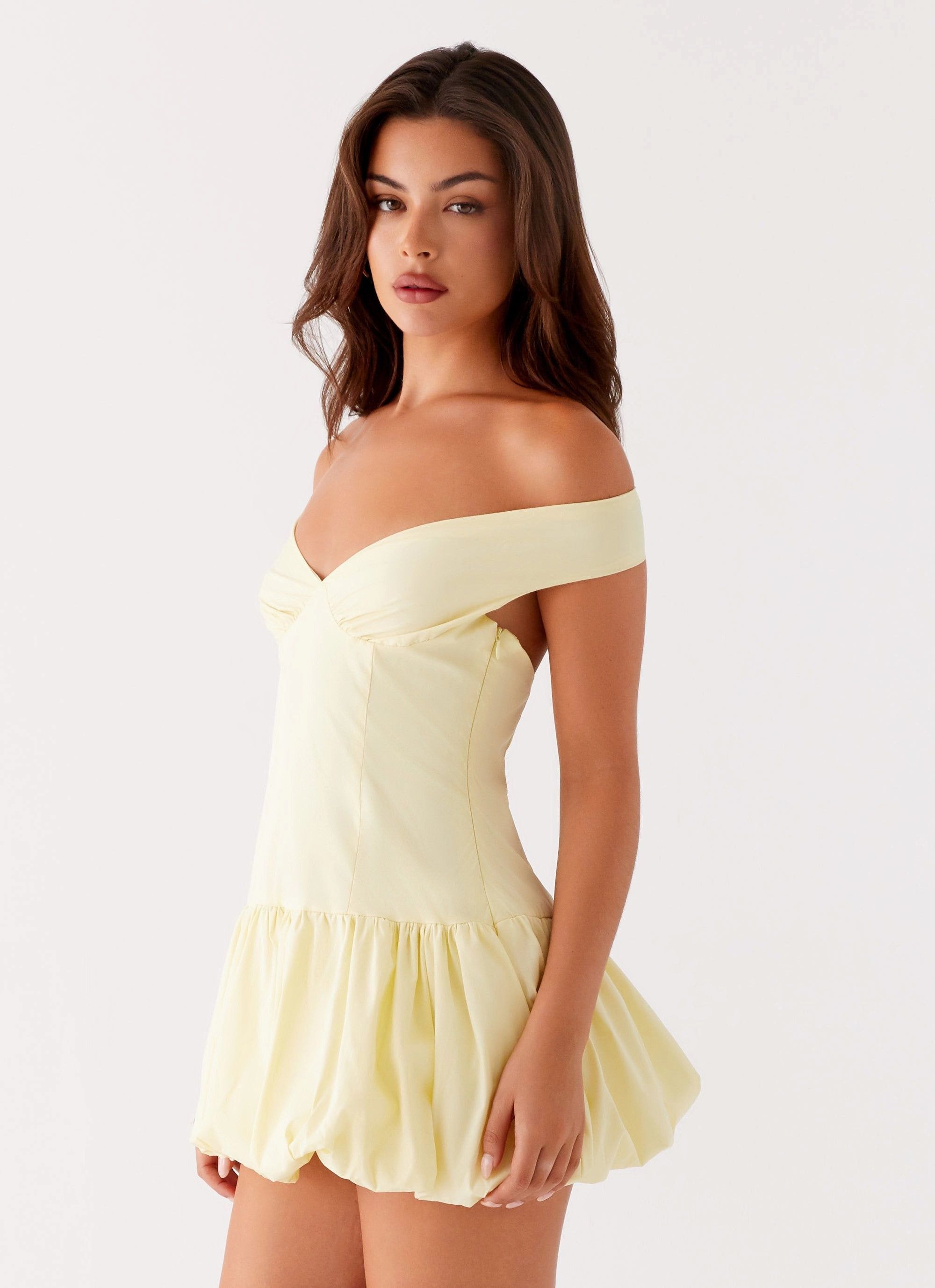 Endless Romance Off Shoulder Mini Dress - Yellow Subtle Look Cozy Layer