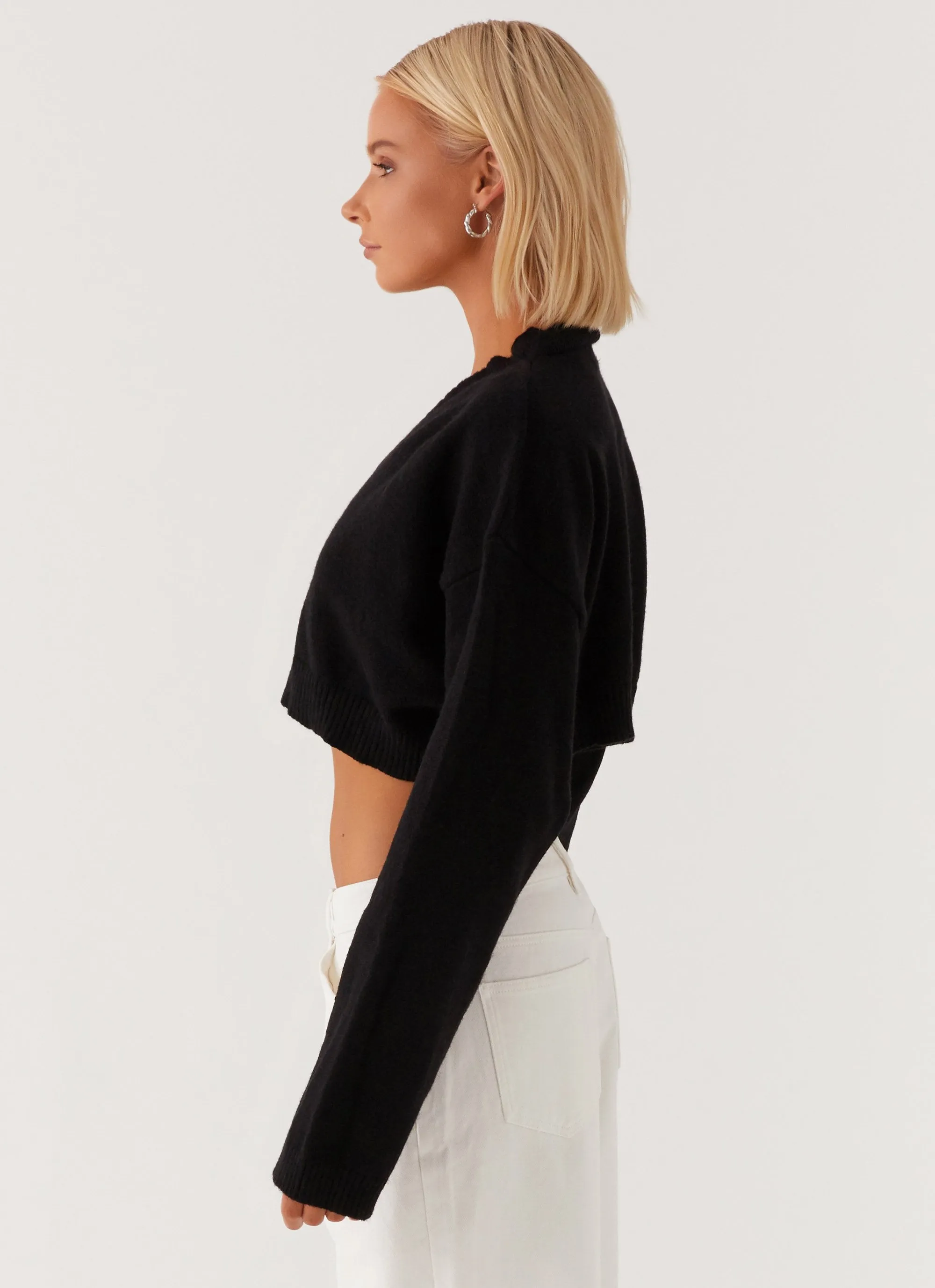 Resilient Fabric Blend Tubular Body Construction Endlessly Cropped Cardigan - Black
