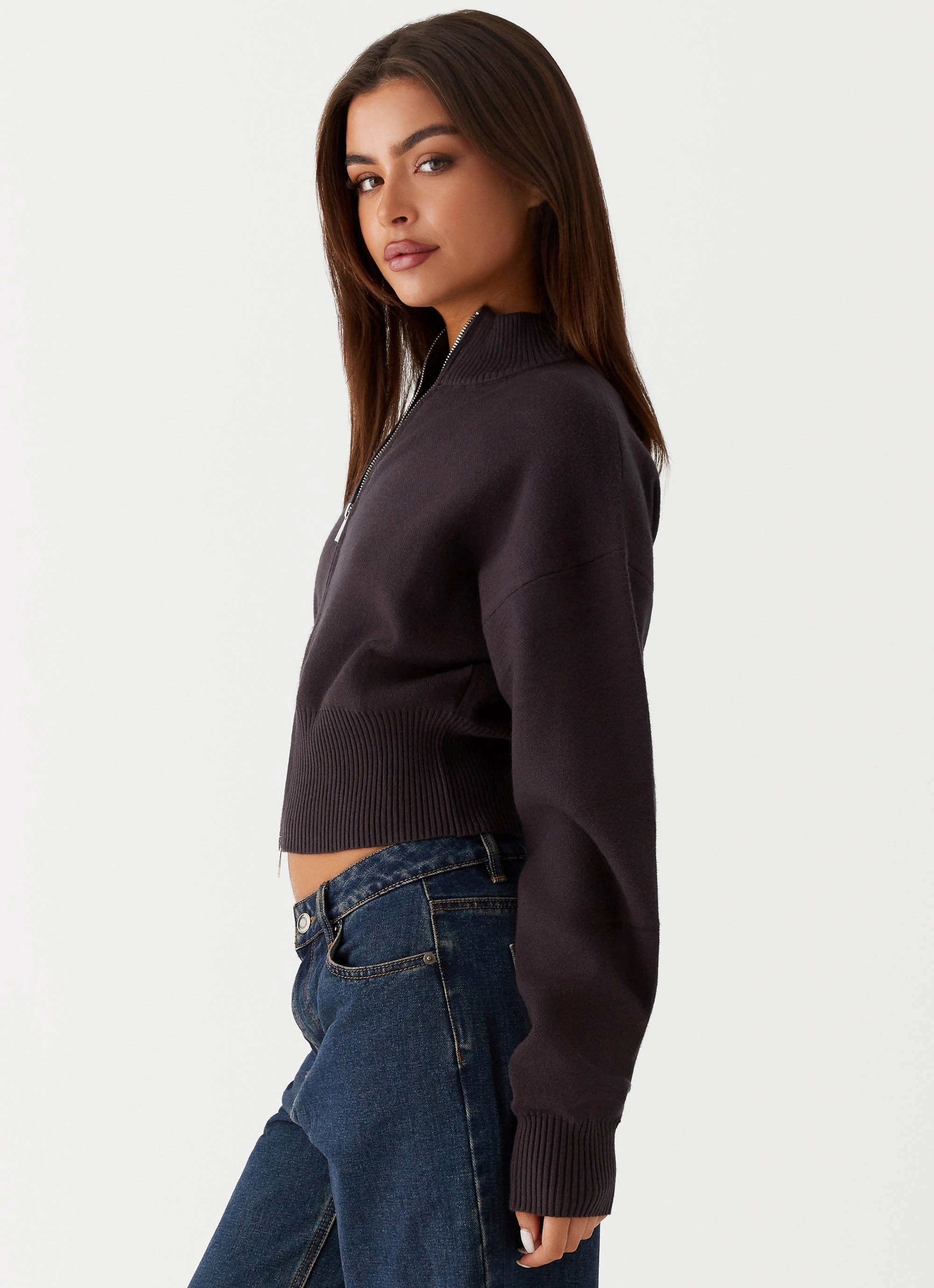 Stretch Waistband Design BlendMaterials Episode High Neck Cardigan - Charcoal