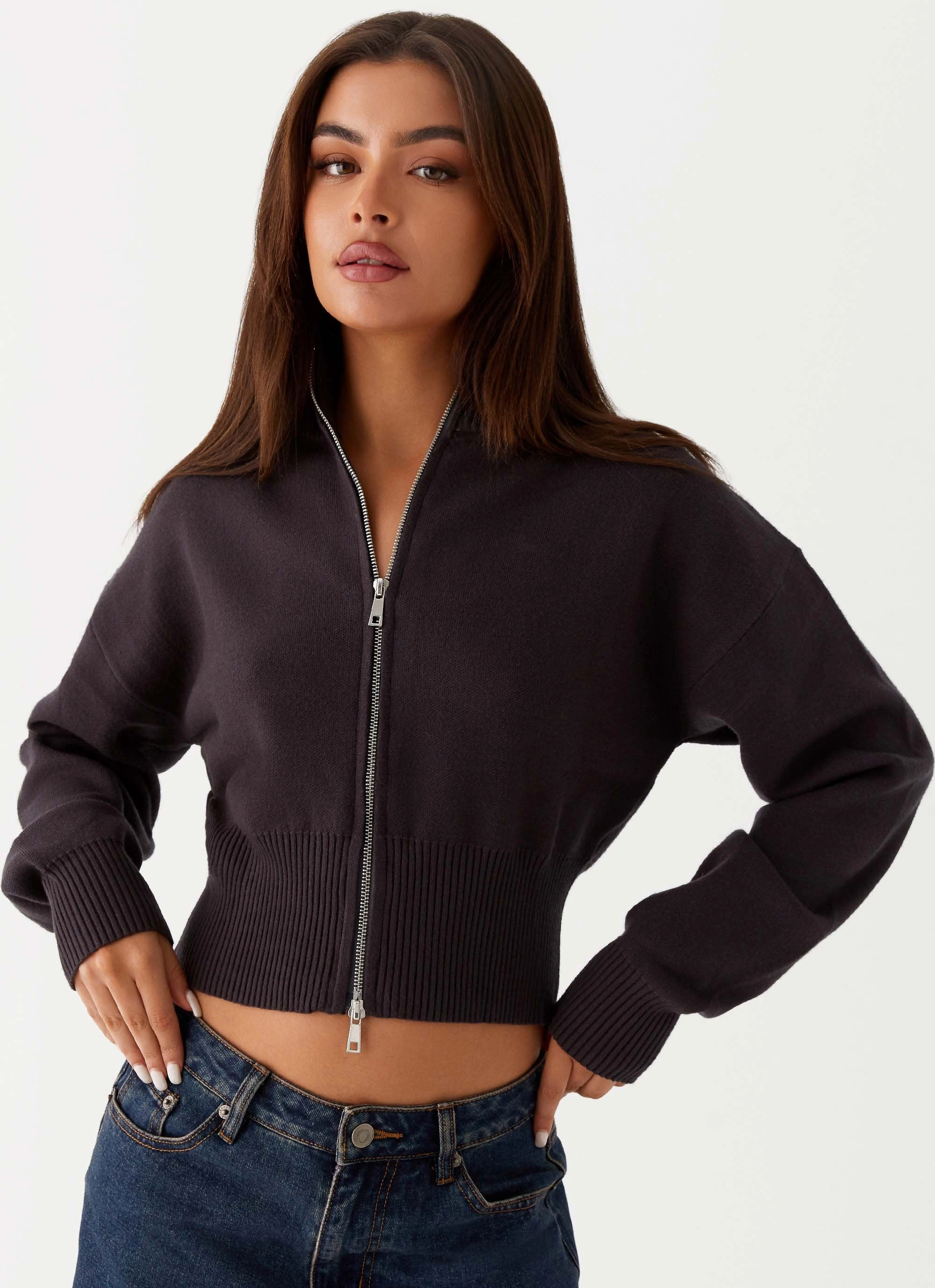 Episode High Neck Cardigan - Charcoal BreathableFabric