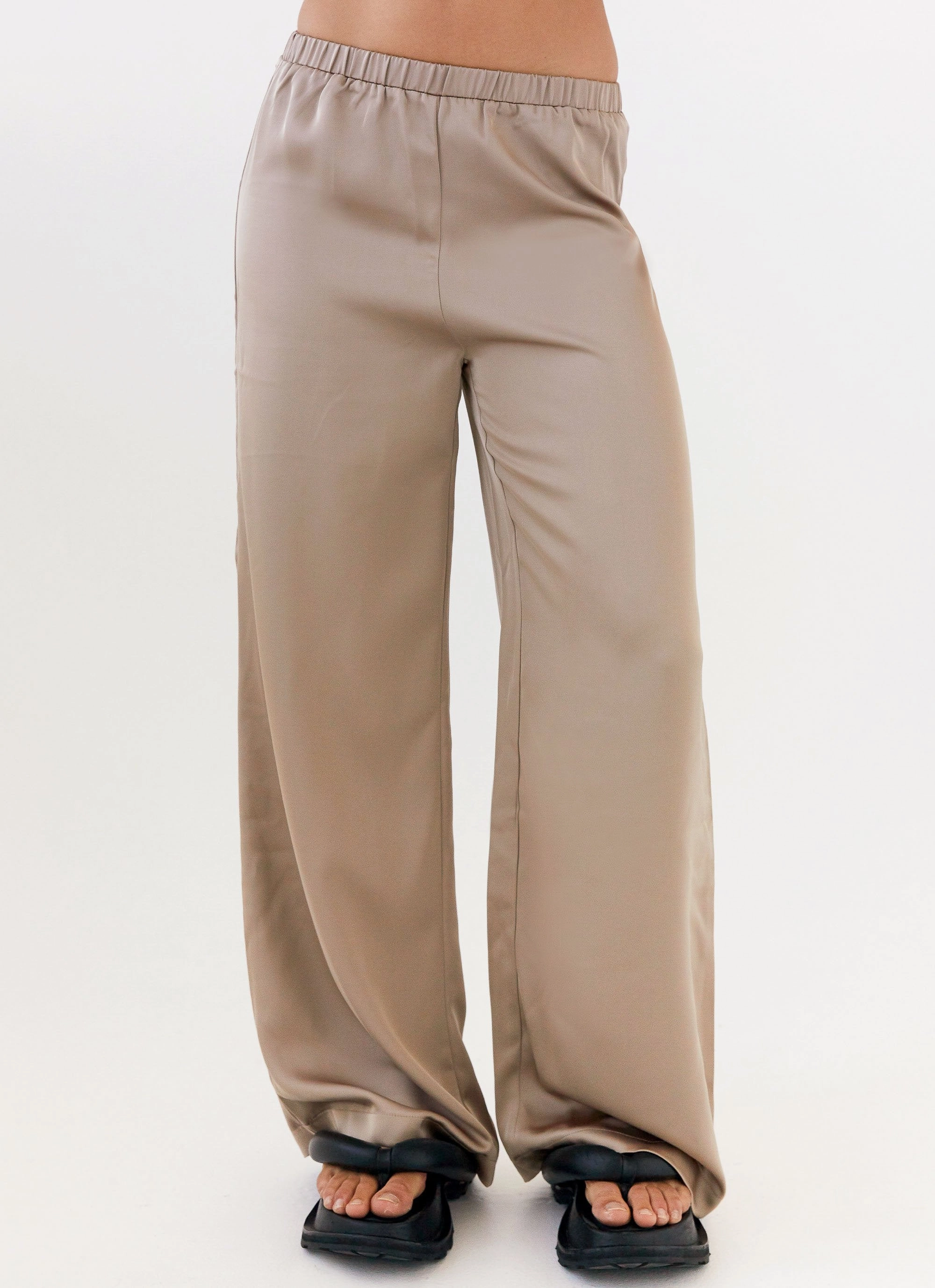 High Collar Design Stripe Look Palm Cove Satin Pants - Mushroom