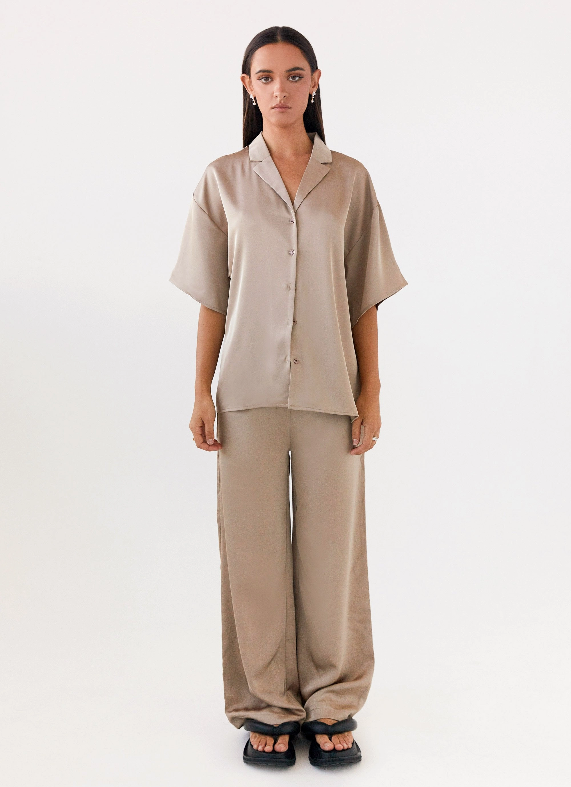 Palm Cove Satin Pants - Mushroom Weekday Street Look