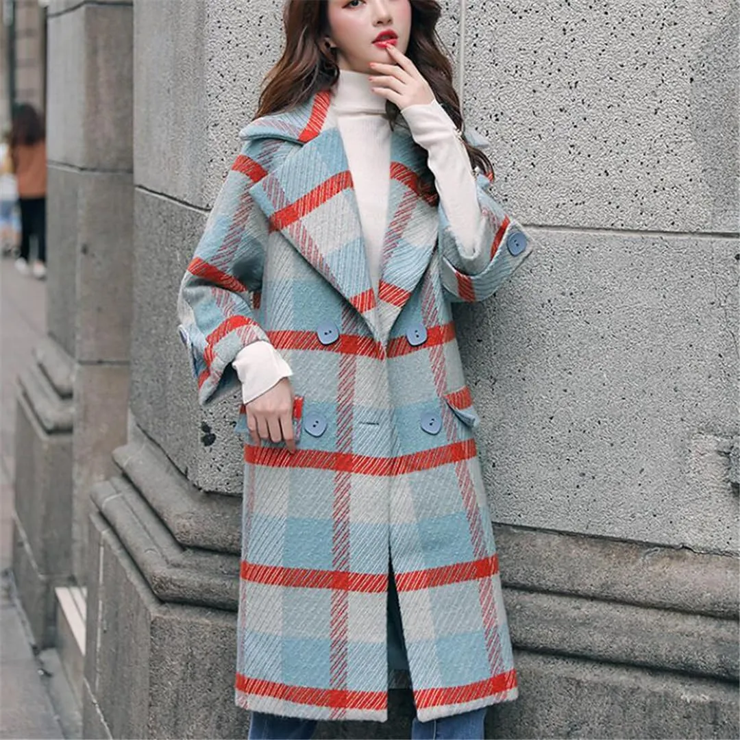 ERFMFKL Women Blended Woolen Coat Lattice Wool Jacket Autumn Winter Double Breasted Jackets Outerwear