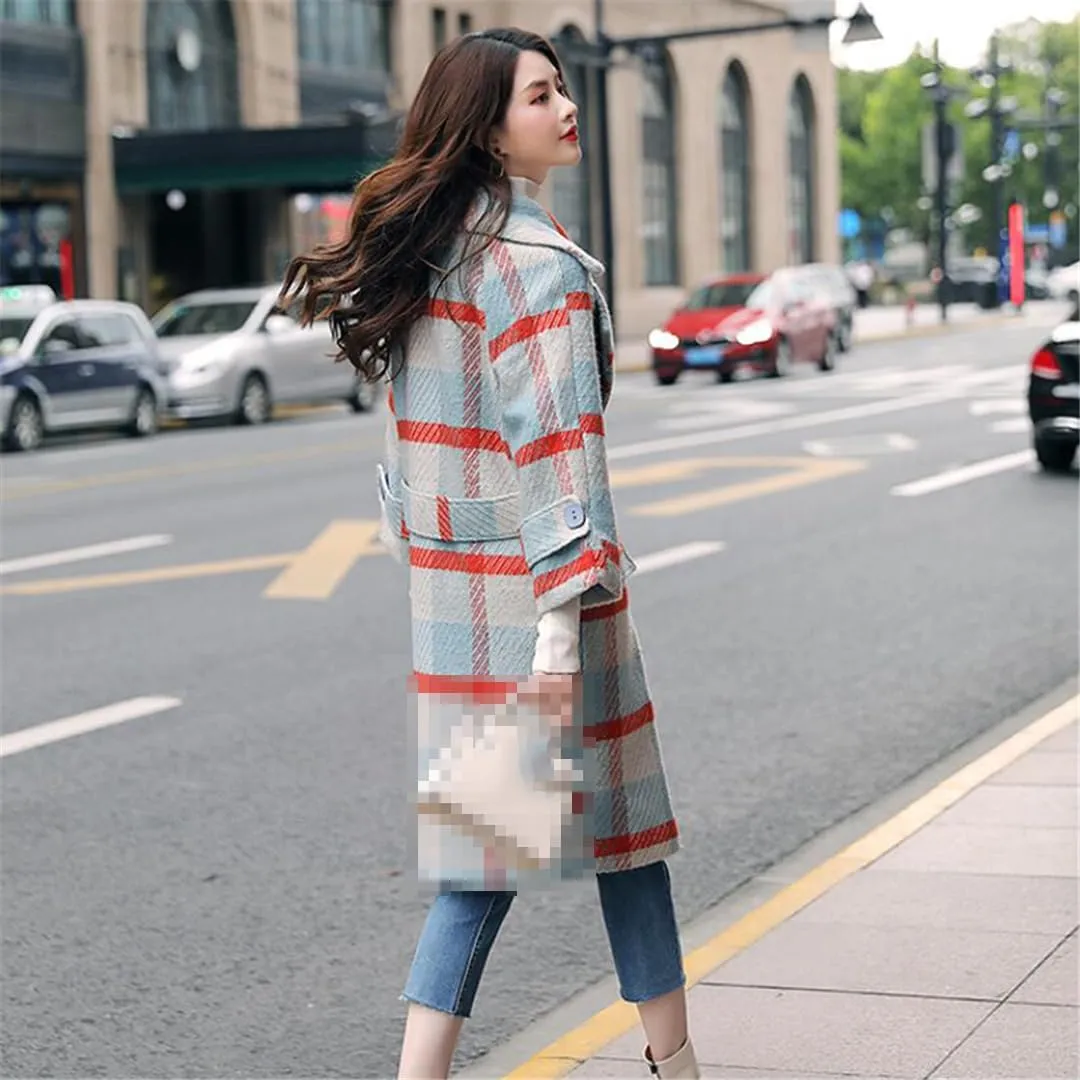 ERFMFKL Women Blended Woolen Coat Lattice Wool Jacket Autumn Winter Double Breasted Jackets Outerwear
